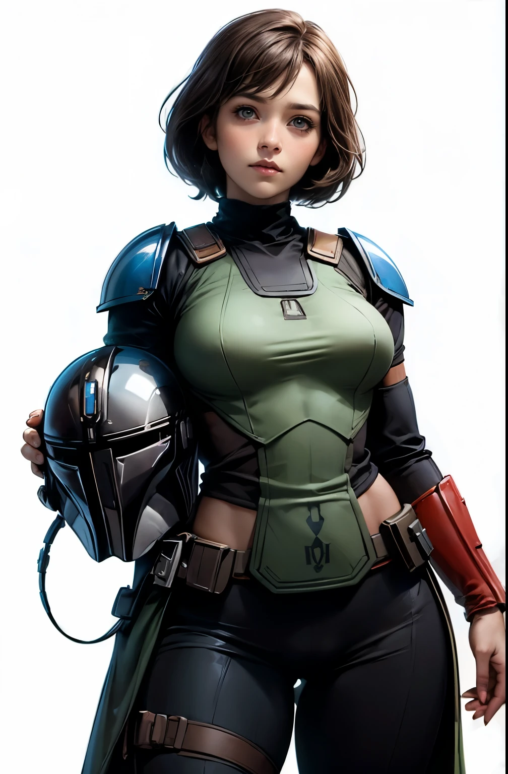 star wars world ,female mandalorian, , slender beauty ,holding helmet in right hand, ,Mandalorian armor ,Slimming, slender, Gentle Eyes, flows from my crotch