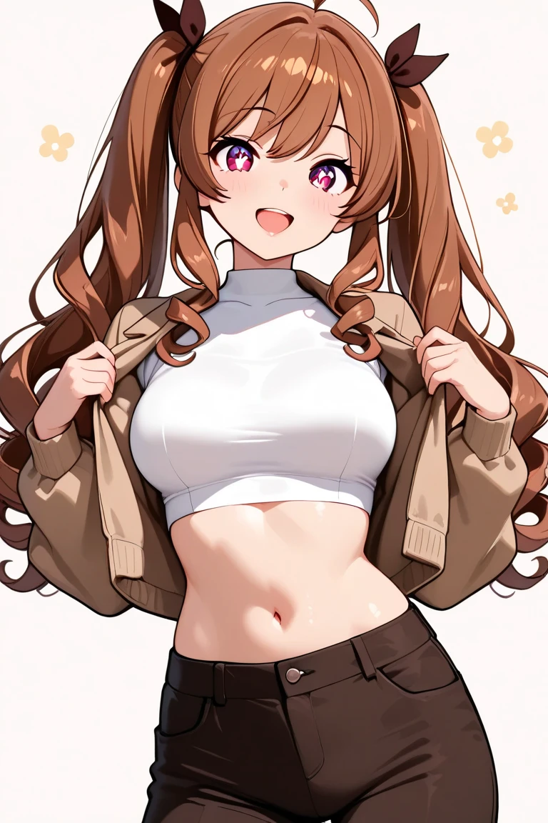 (sketch drawing), (close up), (adult body), ((mouth, smiling, lips)), (chest a little big), (thick legs), (large thighs), (pink cheeks), ( white t-shirt), (showing belly), (perfect belly), (gym shorts), (brown cat ears), (Beautiful cat ears), (brown hair), (brown left eye), (right side of eye closed), (tongue out), (long straight hair loose), (bangs), (details in the strands), (white background),