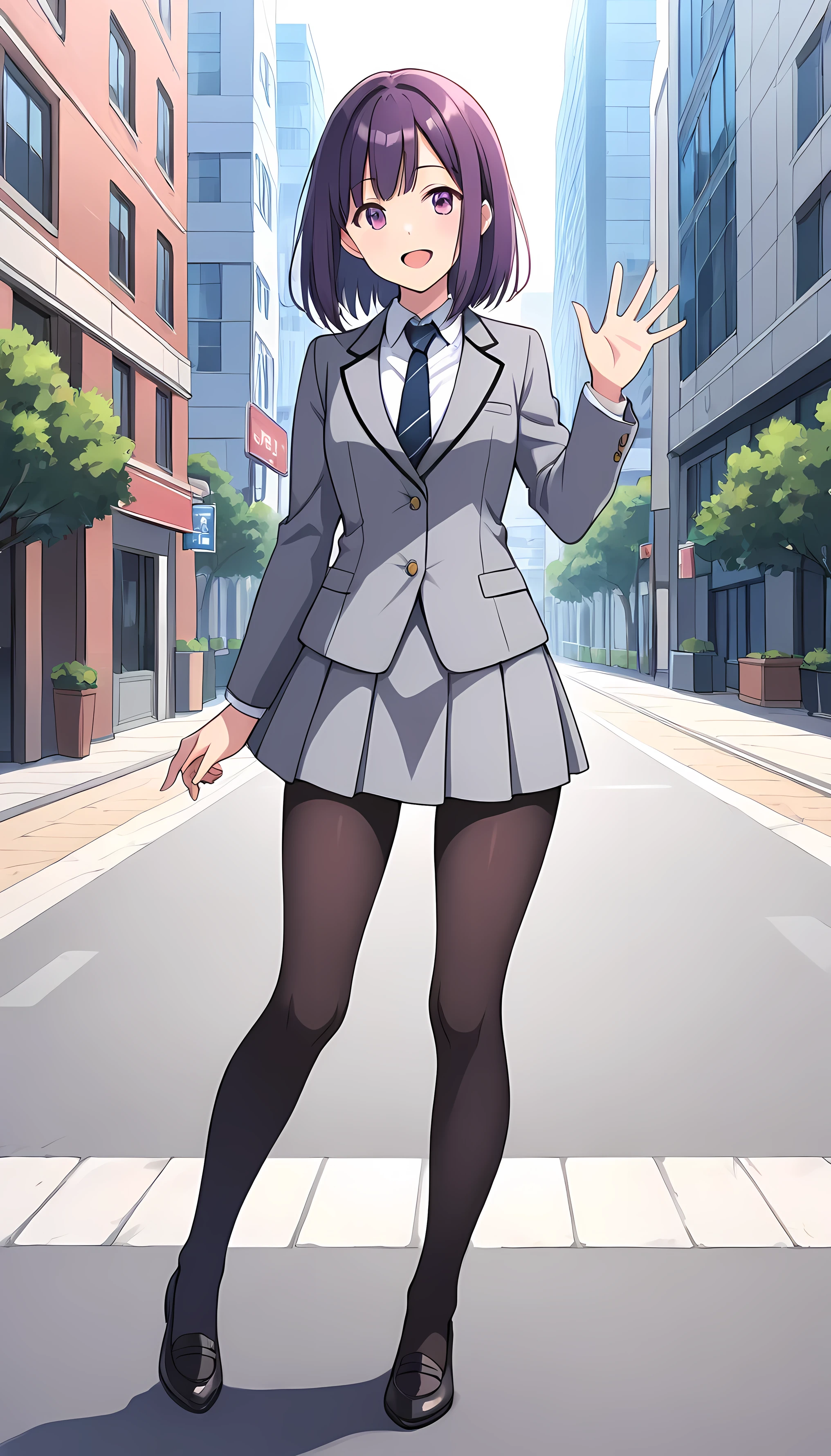 masterpiece, best quality, absurd dress, perfect anatomy, female, solo, full body image, smile,and open the mouth, glossy lips, purple bob hair , medium hair,美しいオフィスfemale,gray suit,buttoned blazer,Closed blazer, collared shirt,Page Search,pantyhose,standing, waving hands, outdoor ,city ,cowboy shot , from the front ,half-open
