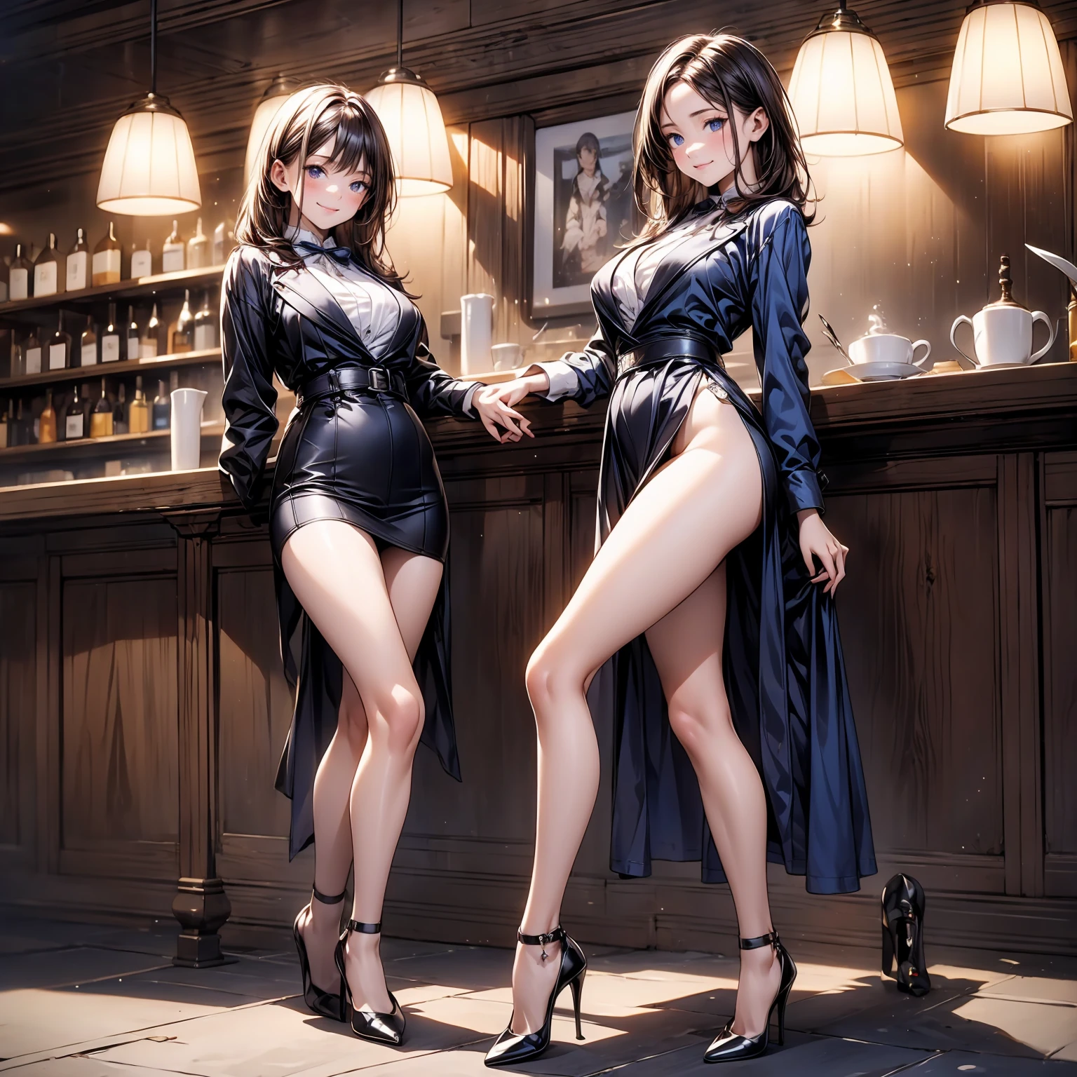 (masterpiece:1.3),(best quality, highest quality),((Full Body Shot,Including face)),1girl,Standing position,4K,masterpiece,((Focus on the face)),((Symmetrical facial features)),Beautiful woman,slender,Beautiful feet,((Thigh-high boots)),Detailed depiction of the face,bar counter,uniform,Realistic,profile,Corset standing diagonally,Long skirt,Blue Dress