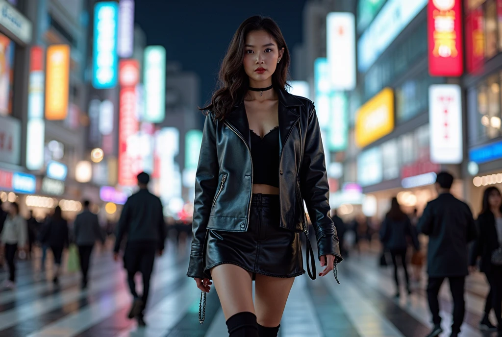 city street, neon, fog, volumetric, closeup portrait photo of a very pretty attractive young Jakartan woman in dark clothes