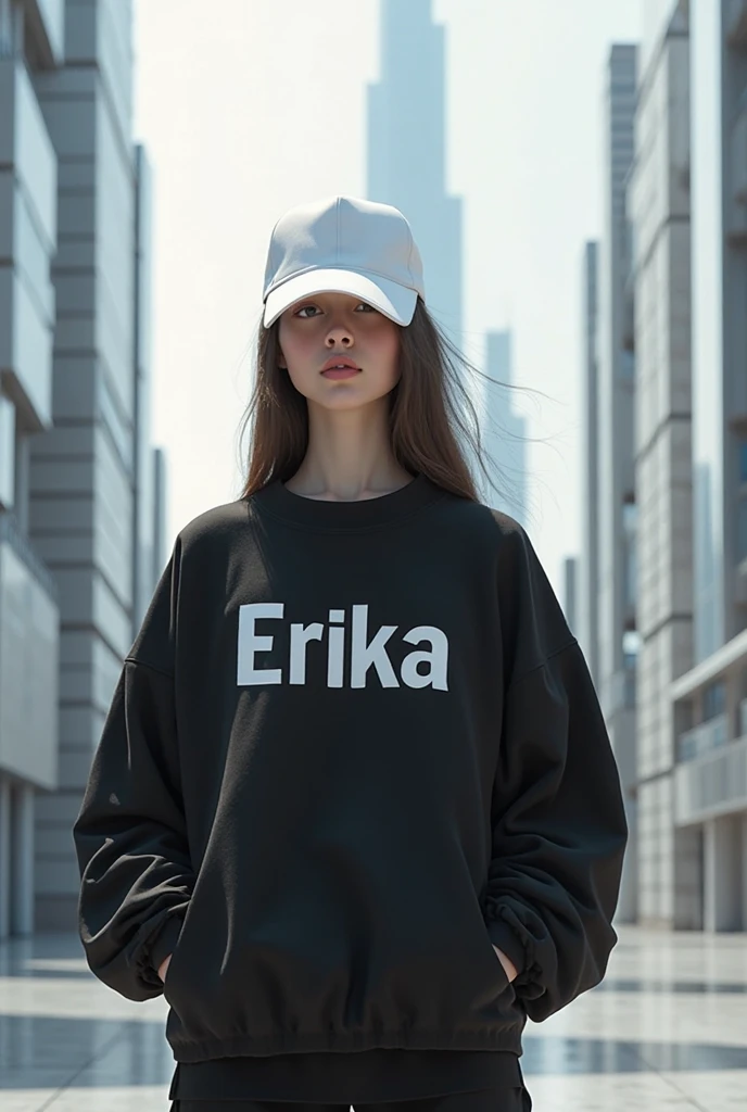 A girl wears a black sweatshirt, white cap, In front of her sweatshirt was written "Erika", Faceless, 3D building background