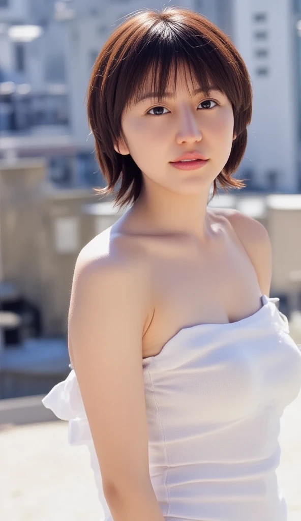 Top quality, realistic, perfect human body structure, very detailed, very delicate and beautiful, RAW photography, beach, professional lighting, luminescence, depth of field, single focal, full body, Skinny Japanese lady, 30 year old lady, brown hair, small head, beautiful eyes, real face, realistic skin, detailed eyes, (fashionable hairstyle: 1.3), sexy pose, absurderes、Incredibly Ridiculous res、Extremely fine、Blouse