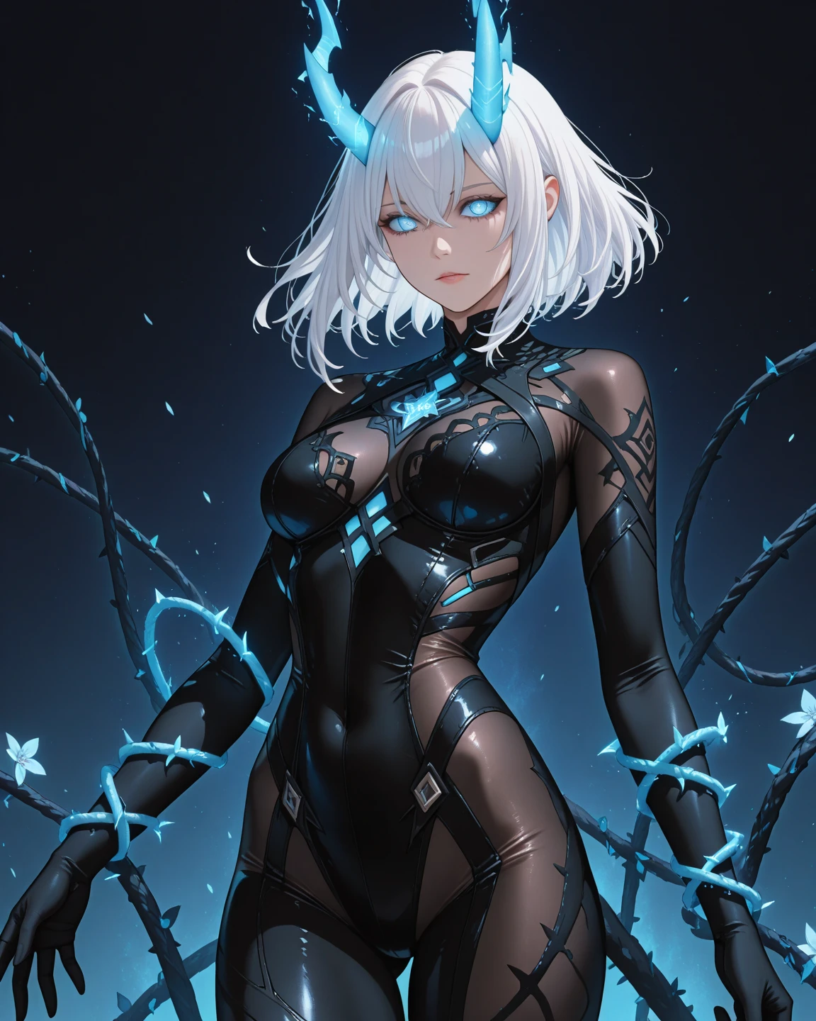 (Masterpiece, Best quality, ultra high resolution),1girl,gills,cthulhu girl,(shiny skin, soft skin, dark green skin), bob cut,fantasy,glowing eyes,(grey and blue theme),in the ocean depths, abyssal depth,