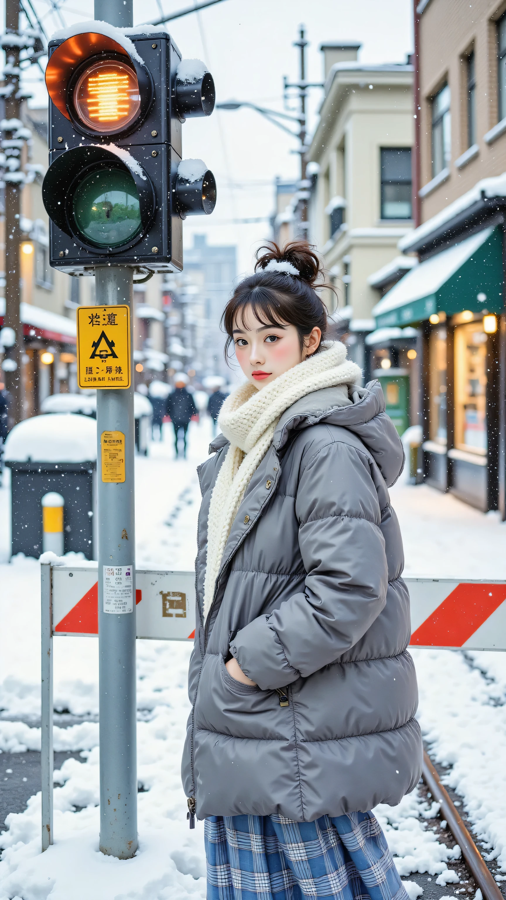 8k, Masterpiece, Top Quality, medium-long shot, eye-level, woman with dark hair in messy bun and fringe, looking over shoulder towards camera, neutral expression, wearing grey padded winter parka, white knit scarf, long blue plaid skirt, winter boots, layered winter fashion, standing in snow next to railroad crossing signal with flashing yellow light and Japanese text, crossing barrier down, snowy urban street background, buildings, overcast diffused daylight, cool flat lighting, quiet winter atmosphere, Japanese street style vibe
