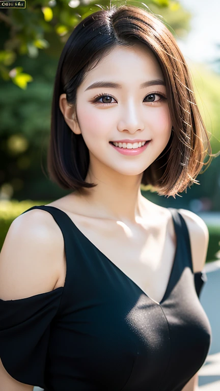 8k, Ultra-high resolution, Highest quality, masterpiece, 三分割法によるphotograph,Surreal, photograph, 1 girl, (16 years old:1.3), pretty girl, Cute face, Beautiful eyes in every detail, 細かくdetailedに,masterpiece,, One Girl:1.2, Japan Female Announcer,whole body,Young Wife,Urban area,street tree,Black Camisole Dress,Pencil Skirt,clavicle,Full of cleanliness,A carefree smile,Healing the heart,Short Bob,Looking at the audience、beauty,Long neck、Laugh a little、Please close your mouth and laugh、(((Ideal body type))),A-cup small breasts :2,、Portraiture:2、Perfect Anatomy、鮮明なdetailed、detailed、Surreal、Light and shadow,Strong light