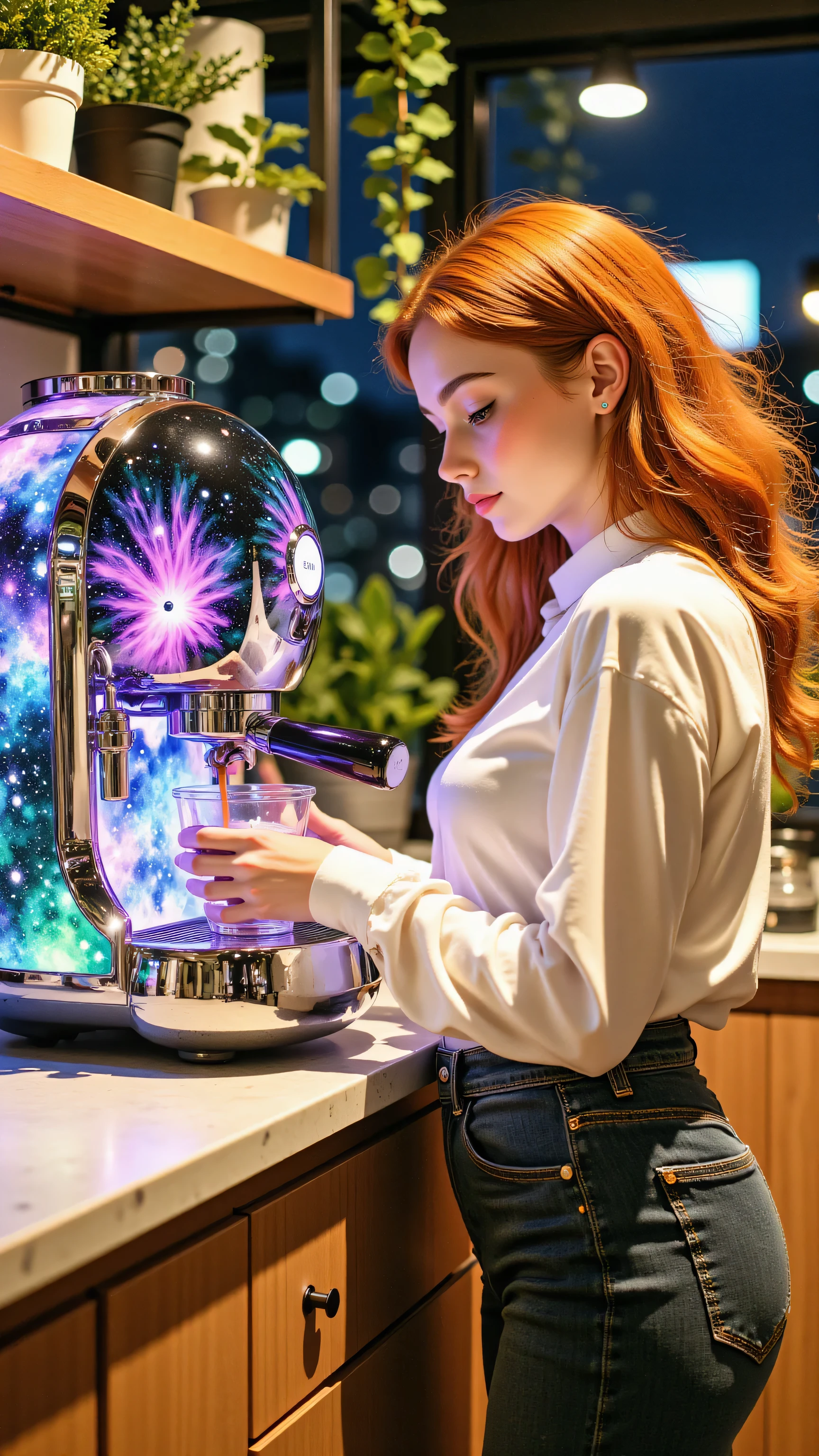 8k, Masterpiece, Top Quality, medium shot, eye-level, profile view, woman with long wavy vibrant red-orange hair, intently operating a futuristic espresso machine, machine glows with purple blue teal cosmic nebula pattern and sparkles, coffee dispensing into glass cup, wearing white long-sleeved shirt and dark jeans, focused posture, warm soft indoor night lighting, dramatic colorful glow from machine illuminates subject, cozy modern kitchen background with shelves, plants, bokeh lights