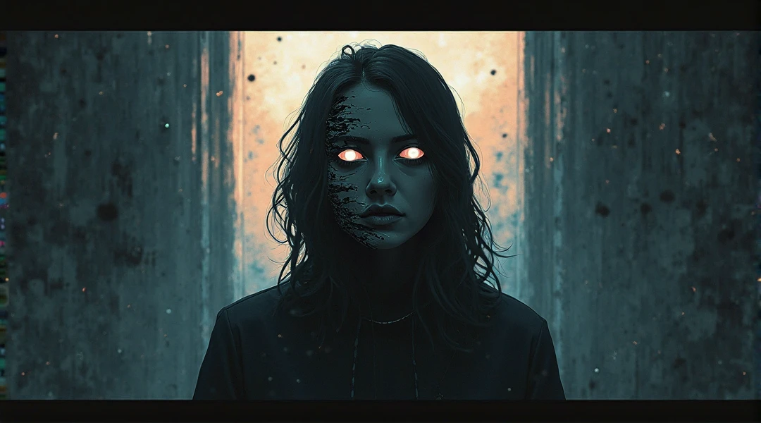 "In a dramatic and surrealist style, create a powerful and symbolic thumbnail for the video titled 'How Society Trains You to Betray Yourself'. The composition features a central figure—half of their face is hidden behind a shattered mask, symbolizing the internal conflict and the societal pressures that cause self-betrayal. The lighting contrasts sharply, with dark shadows enveloping the figure’s form, while a piercing light comes from behind, representing both transformation and the painful truth being revealed. The color palette is minimalistic yet bold, using dark tones for the figure and bright, contrasting colors in the background to evoke a sense of intense emotional struggle. The focal point should be the figure’s eyes, full of both despair and awakening, immediately drawing attention and conveying the psychological depth of the story."