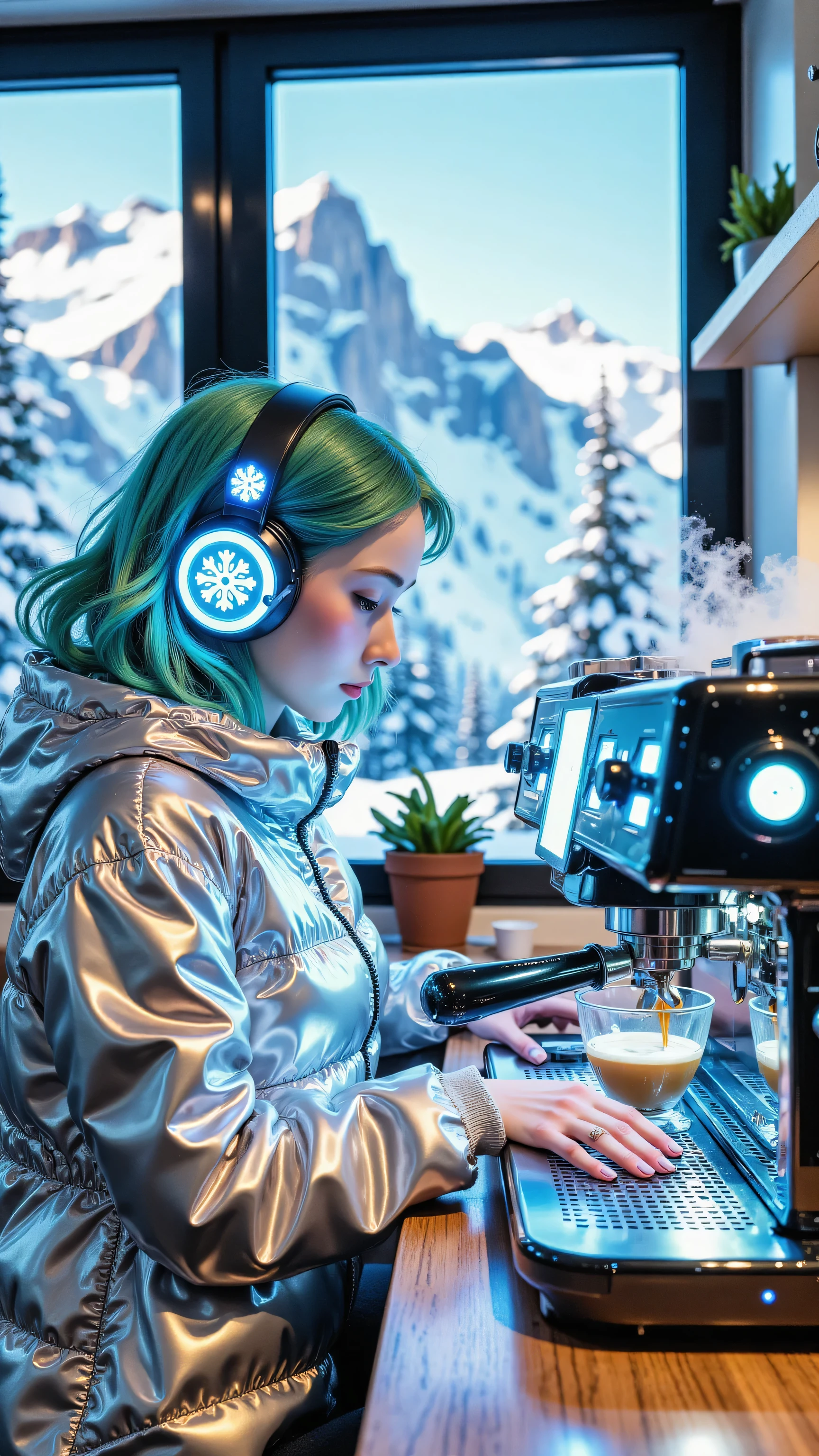 8k, Masterpiece, Top Quality, medium shot, eye-level, profile view, woman with shoulder-length teal cyan hair, wearing glowing blue snowflake headphones and silver puffer jacket, techwear style, intently operating a futuristic espresso machine glowing with blue lights and screens, steam rising into glass carafe, cool ambient indoor lighting dominated by blue glow, modern kitchen interior, large windows looking out onto snowy mountain landscape background, high-tech atmosphere, reflective surfaces