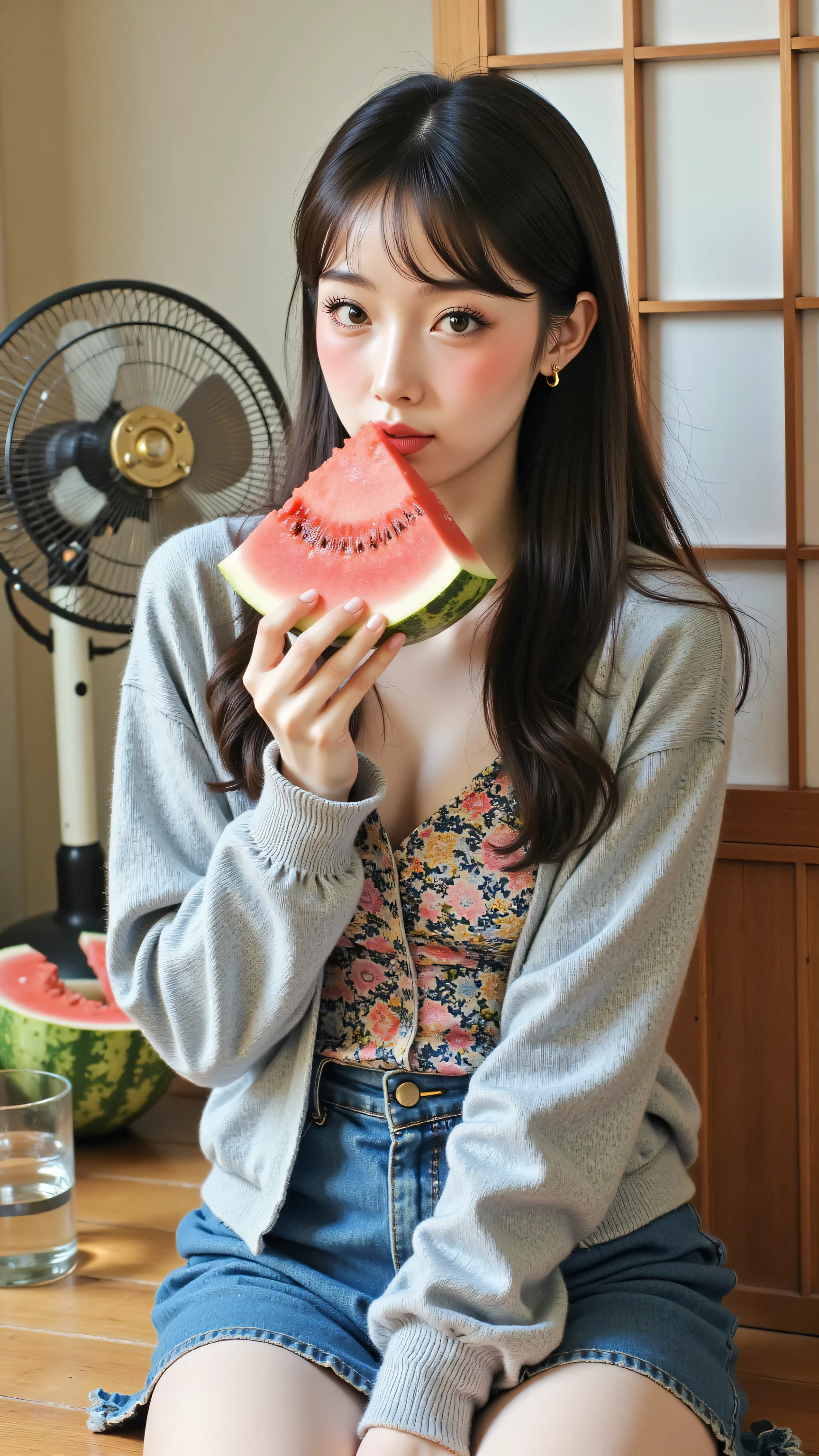 8k, Masterpiece, Top Quality, medium shot, eye-level, centered, woman, long dark straight hair, fair skin, looking at camera, neutral expression, holding triangular slice of watermelon near mouth, wearing grey cardigan over patterned top, blue denim skirt, casual summer style, sitting upright on wooden floor/ledge (engawa style), traditional Japanese interior background, shoji screen, vintage electric fan nearby, glass of water, watermelon rinds, soft diffused indoor lighting, calm muted atmosphere