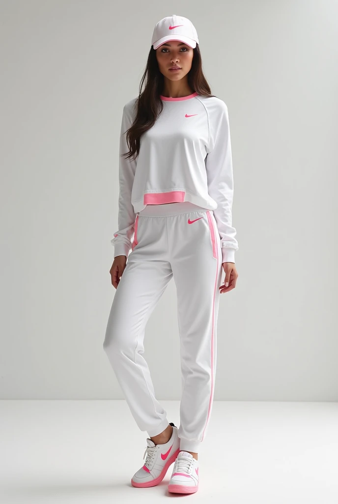 photo by full body. 1 young woman. Scandinavian beauty. clear eyes. White hair wearing a ponytail. Rosto angelical. medium breasts. Wears white gym leggings. Adidas NMD white and pink sneakers with gaiters. She is without a bra, opening her jacket to show her breasts. Tem piercing no umbigo.