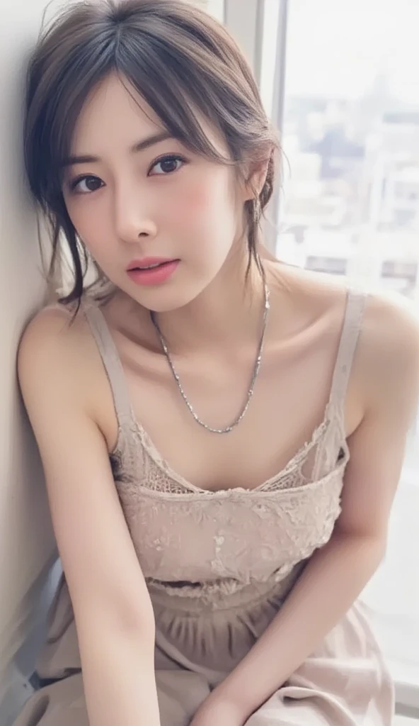 (masterpiece:1.3), (8k, Photorealistic, Raw photo, Best image quality: 1.4), Japanese 、Cleavage:1.2、Super detailed face、(White lace underwear)、Attention to detail、double eyelid、Put your chest together、Sharp focus:1.2、Beautiful woman:1.4、Light brown hair、highest quality、masterpiece、超A high resolution、(Photorealistic:1.4)、Highly detailed and professionally lit smile、Loose, lightweight knitwear、Shoulders out、thin、Serious expression、Deadly position、japanese、Big earrings、Platinum choker necklace、high ponytail、(Gal Makeup)、cheek、Bun Hair、Twin tails、(((Your nipple is showing.)))