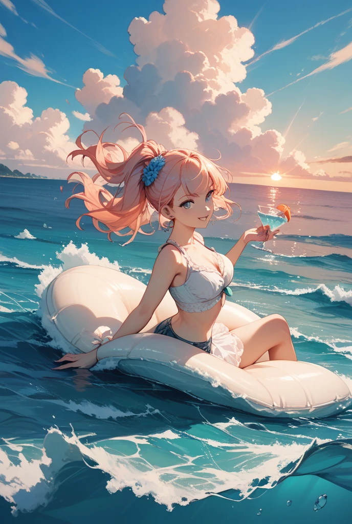 девушка in a bright swimsuit, 22, smiling, curly hair, high detail, tropical beach at sunset, contrasting colors, seduces, smiles playfully