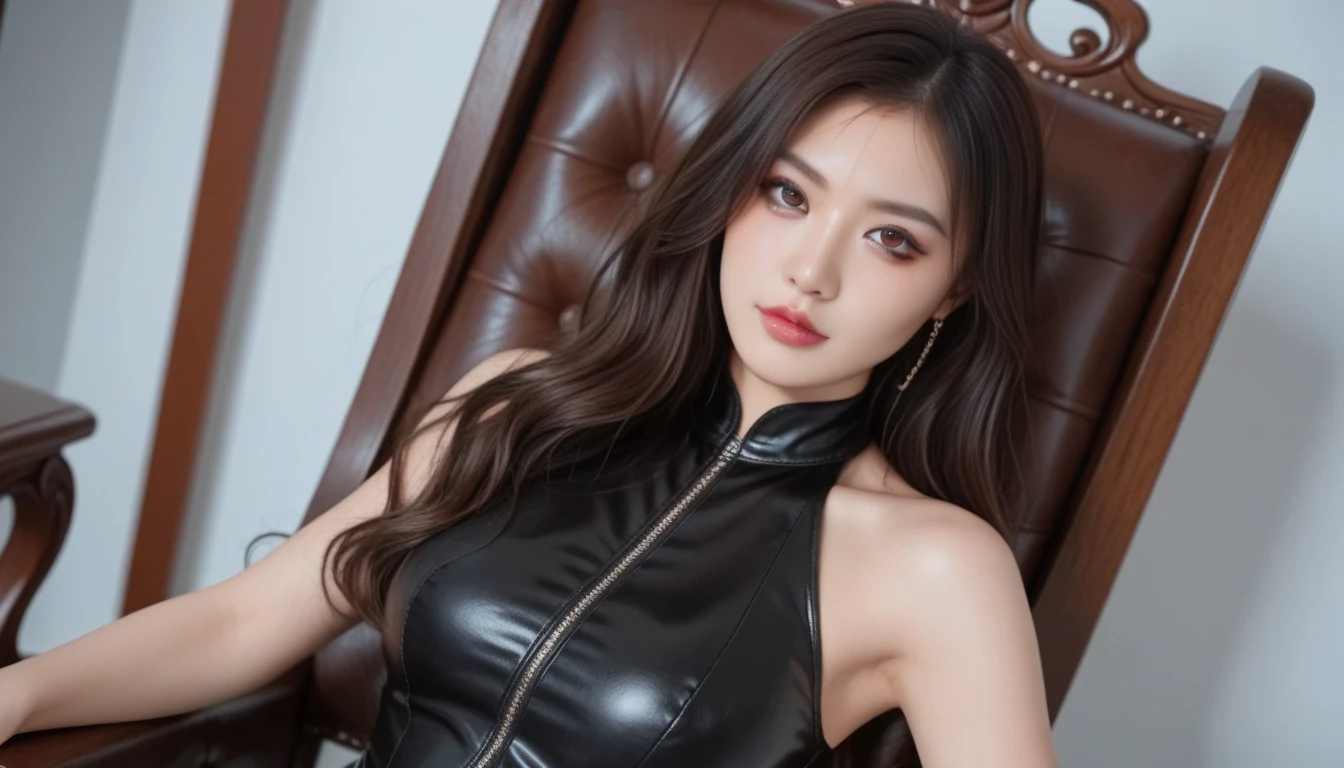 a woman in a pink top and black leather skirt, open shirt, satin silver, portrait sophie mudd, wearing a sexy cropped top, brown shirt, extremly high quality, absolutely outstanding image, taken in the early 2020s, girls, malaysian, nigth, very very high detailed, girl in a suit, reddish