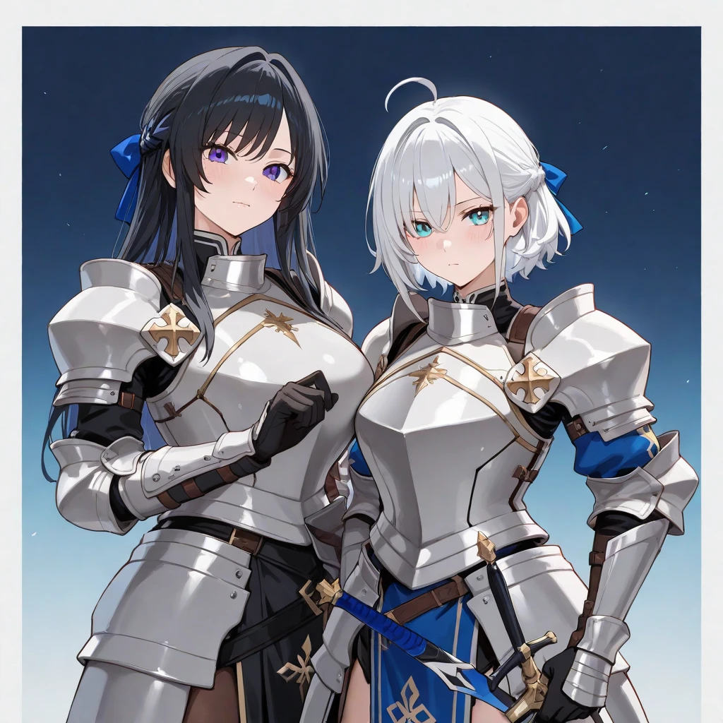 Two female knights, each wearing gown-shaped armor. The knight with white hair has white and blue eyes and is dressed in black armor. The other knight has black hair with blue eyes and is dressed in white or silver armor. The knight with black hair has long hair with red highlights at the ends, while the knight with white hair has twin tails, glowing eyes, They both have black eyes.