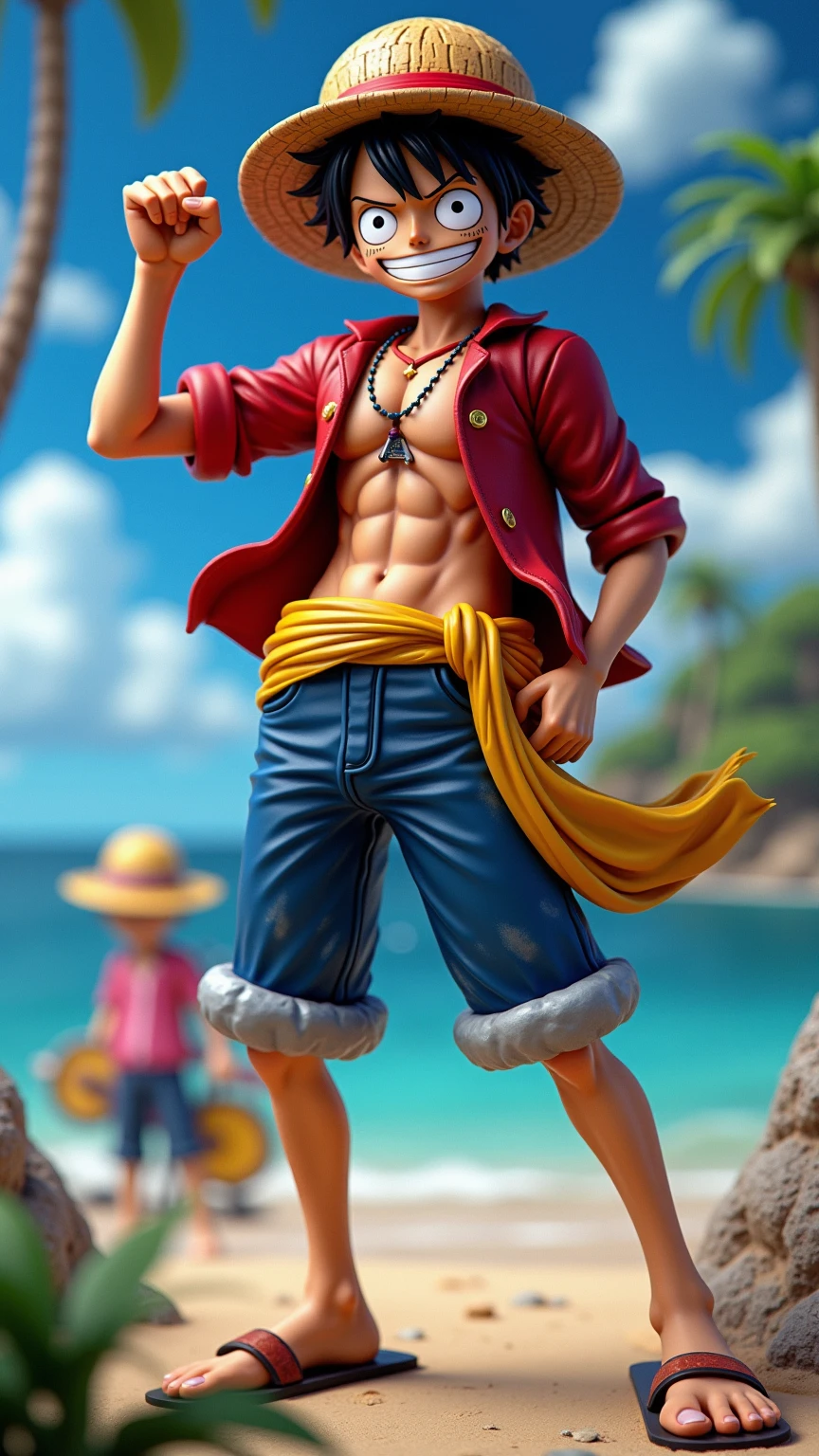 <lora:Anime_Figure:1>, ((masterpiece,best quality)), Figure, solo, black hair, 1boy, hat, full body, male focus, open clothes, shorts, coat, open shirt, detailed eyes, scar, sandals, scar on face, clenched hands, straw hat, scar on chest, coat on shoulders, monkey d. luffy