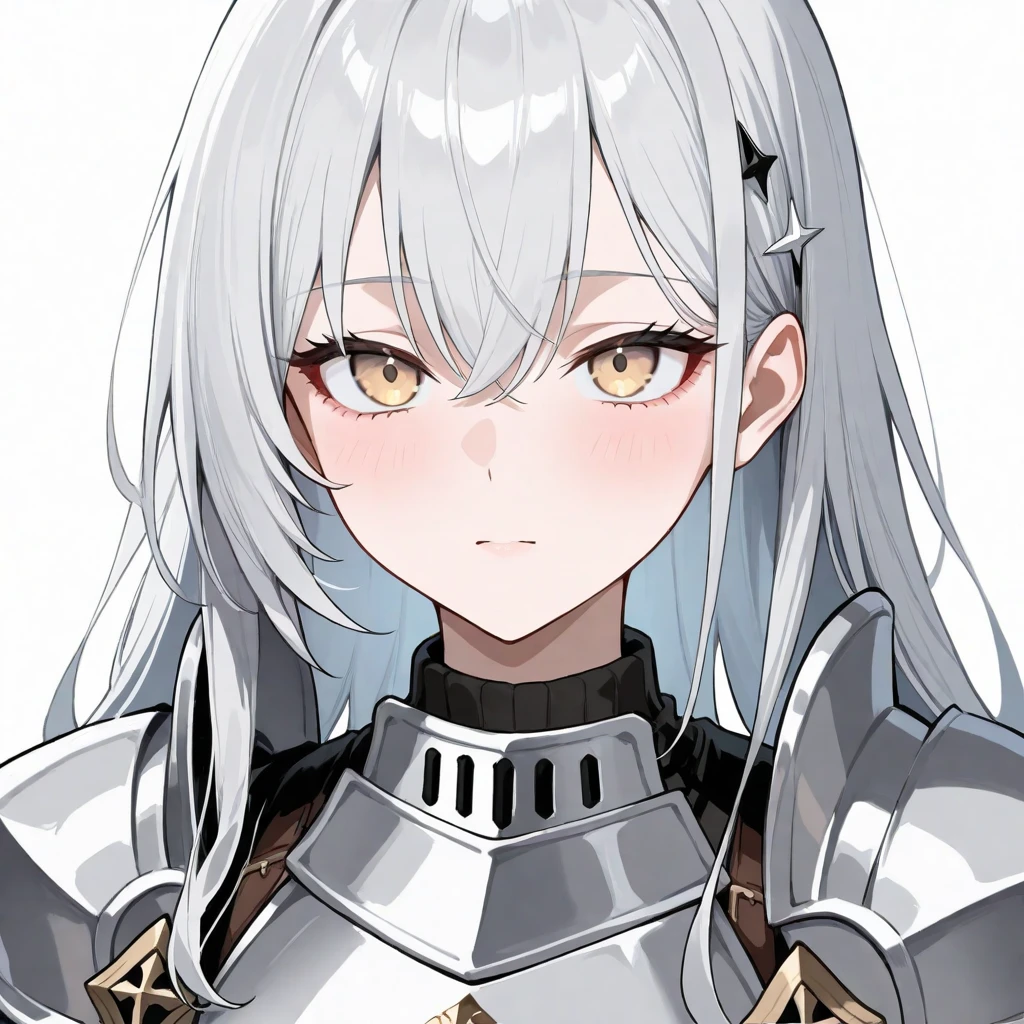 A girl with long elegant white hair, determined grey eyes, fair skin tone, slender and athletic built, average height body, bikini armour, detailed eyes, detailed body, long shot, 8k high-res best quality.