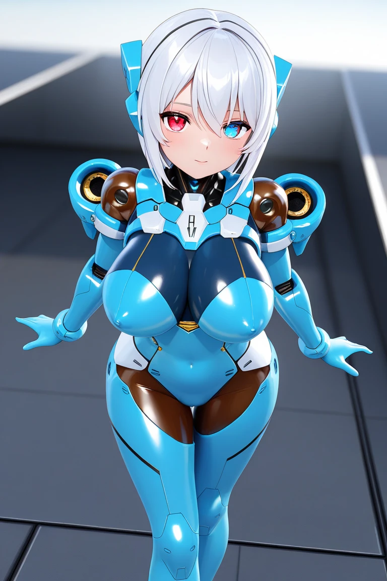 (arms behind back), ropa ajustada, Cintura delgada, pose provocativa, gran sonrisa, ojos detallados, abdominales fuertes, chica delgada, strong abs, muscle girl, front pose, big thighs, focus on face, small breast, large city background, heavy armor suit, mecha musume, mechanical parts, robot joints, blue hair