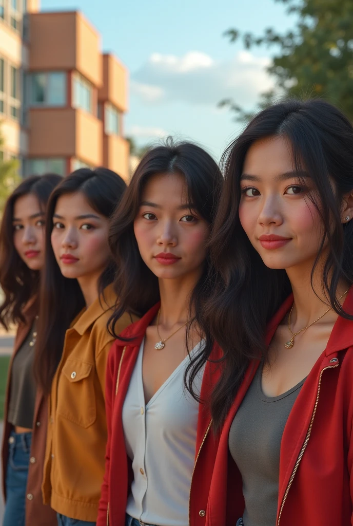 four very beautiful Indonesian women Age around 20 years, Long hair, nice body, wearing modern casual clothes, city background, take a photo together in a very intimate setting against a hyper realistic, cinematic high resolution wall.
