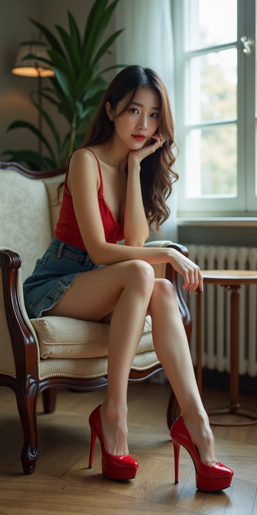 A Masterpiece, real life photo taken on a camera phone, of a seductive english woman ((with Ruby red hair and beautiful blue eyes)), ((detailed hair and skin texture)), (Medium sized breasts) cleavage, looking at the viewer, High ponytail,Delicate and bright hair color,Delicate and perfect face,The corners of the eyes are slightly red,smile,upturned corners of the mouth,Peony pattern cheongsam design,Raised skirt,Delicate long legs,leaning back against the wall,Cinematic gloss,Best quality photos 16k high resolution。Gather the legs,Blink punk