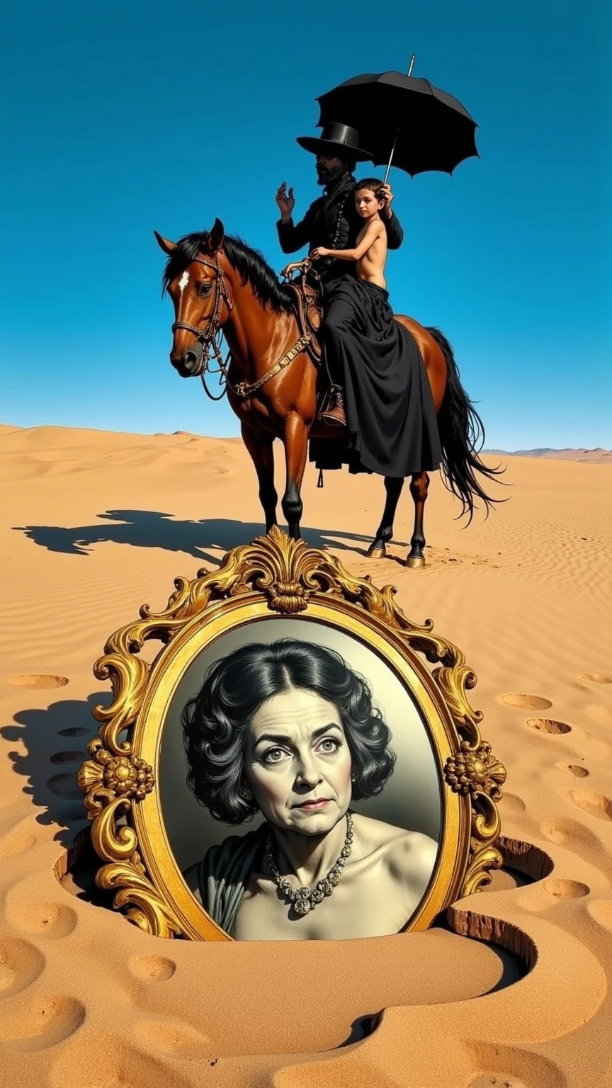 A movie poster for Alejandro Jodorowsky’s film “El Topo.” In the foreground is a desert landscape, where an ornate, round golden-framed photograph is partially buried in the sand. The photograph is a black-and-white portrait of an elderly woman. In the background, a figure dressed in black and a  boy, both seen , are riding a horse. The man is holding a black umbrella and wearing a wide-brimmed hat. The scene is set under a bright blue sky. The atmosphere is surreal and mysterious, with an overall enigmatic mood. There is a striking contrast between the earthy colors of the sand and the vivid sky, creating a surreal and poetic desert landscape. The black-clad gunman (El Topo) and his young son sit on horseback under the intense sun. The entire scene is mystical, imbued with a sense of  and melancholy. A vision inspired by Alejandro Jodorowsky’s cult film “El Topo.