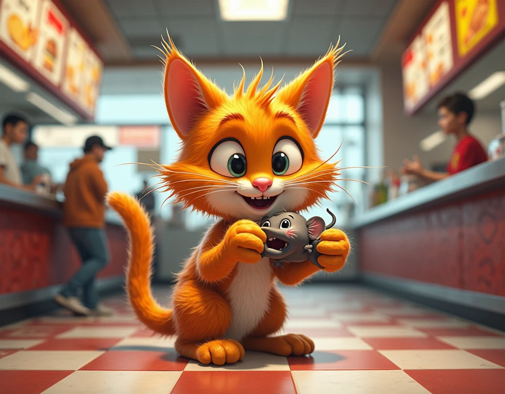 A、orange cat is holding a mouse inside a fast food restaurant。
