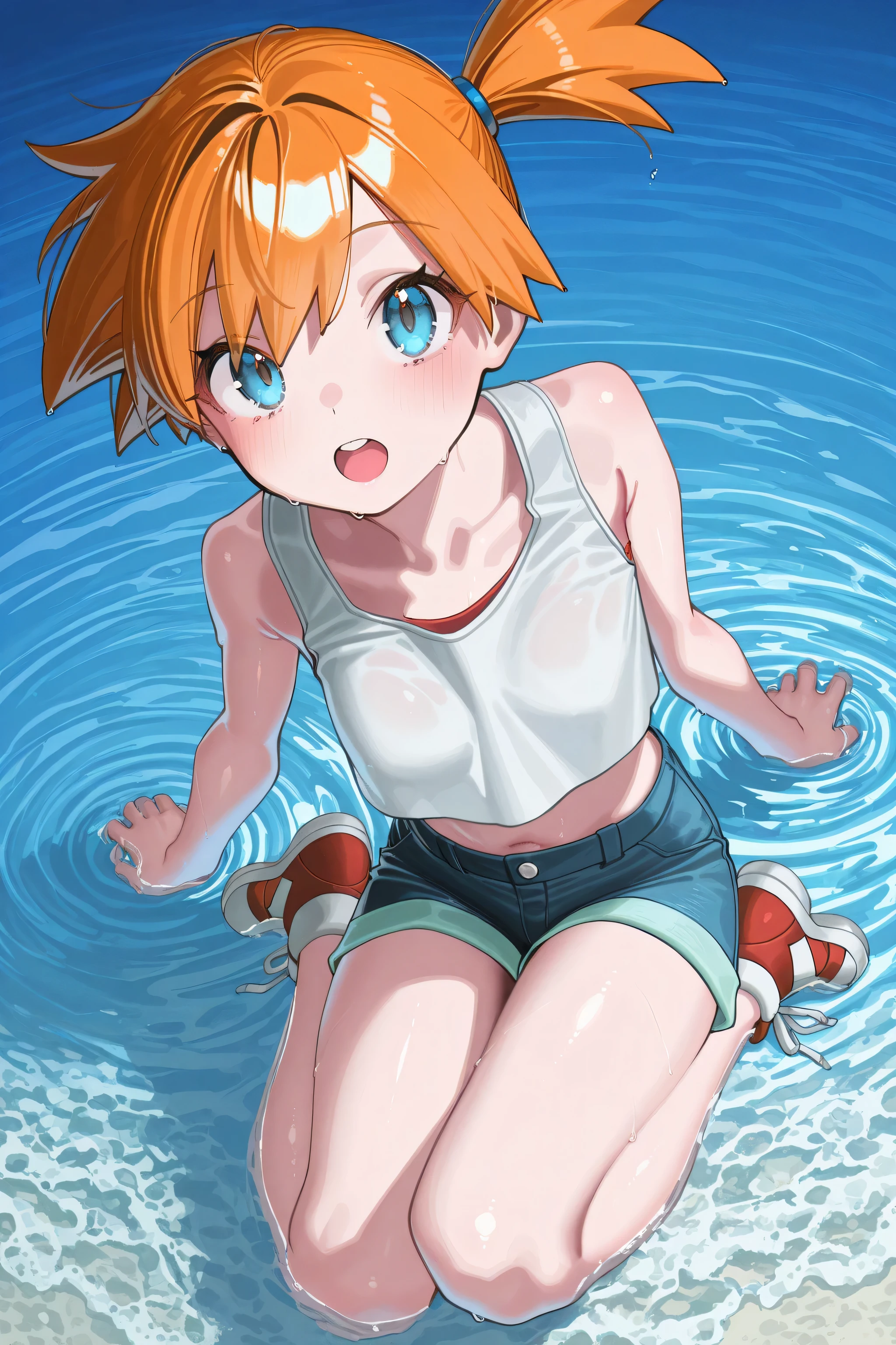 kmj-anonstyle, [artist:yoneyama mai], [artist:kanzarin], [artist: ekrea_jan], masterpiece,best quality,amazing quality, 748cmstyle, solo, eye focus, pokemon, pokemon lgpe, misty (pokemon), 1girl, blue eyes, blue shorts, full body, looking at viewer, looking back, midriff, orange hair, ponytail, shoes, short ponytail, shorts, side ponytail, solo, tank top, teeth, upper teeth only, water, white tank top