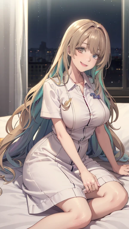 1girl,solo,Sala,original,straight long hair,blond hair,green eyes, white body suit,open collar,expose neck and chest,in bed room,relief face,night time,Science fiction,ultra-detailed,sharp focus,(best quality)