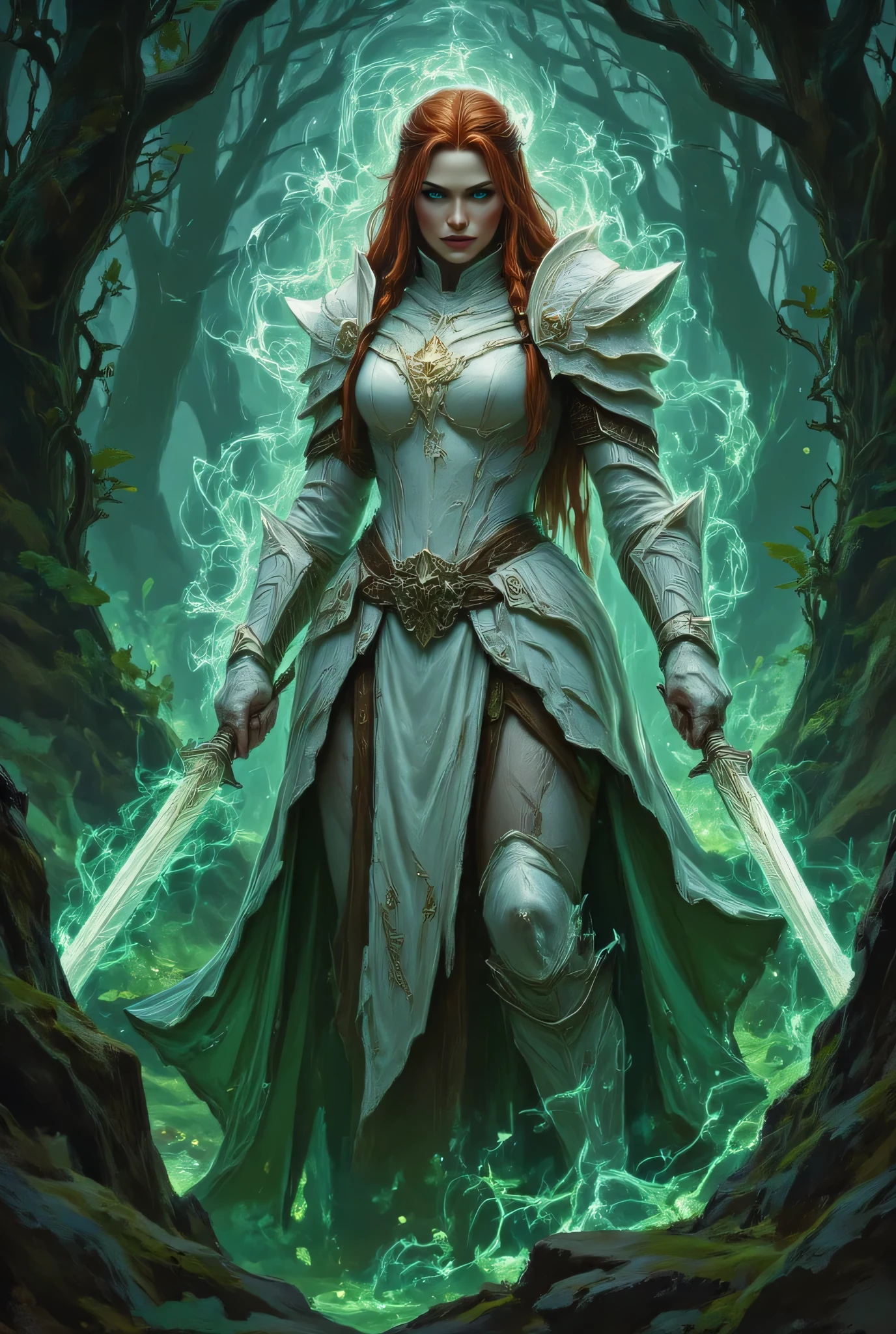 score_9, score_8_up, score_7_up, score_6_up, score_5_up, score_4_up,  a picture of woman paladin of nature protecting the forest, controlling magical plants, woman holy knight, protector of nature, red hair, long hair, full body, ultra detailed face, red hair, long hair, braided hair, pale skin, blue eyes, intense eyes, wearying heavy armor, white armor, green cloak, flowing cloak, armed with a sword, glowing sword, fantasy forest background, D&D art, RPG art, magical atmosphere magic-fantasy-forest, ultra best realistic, best details, best quality, 16k, [ultra detailed], masterpiece, best quality, (extremely detailed), ultra wide shot, photorealism, depth of field, hyper realistic painting, Cinematic Shot, 