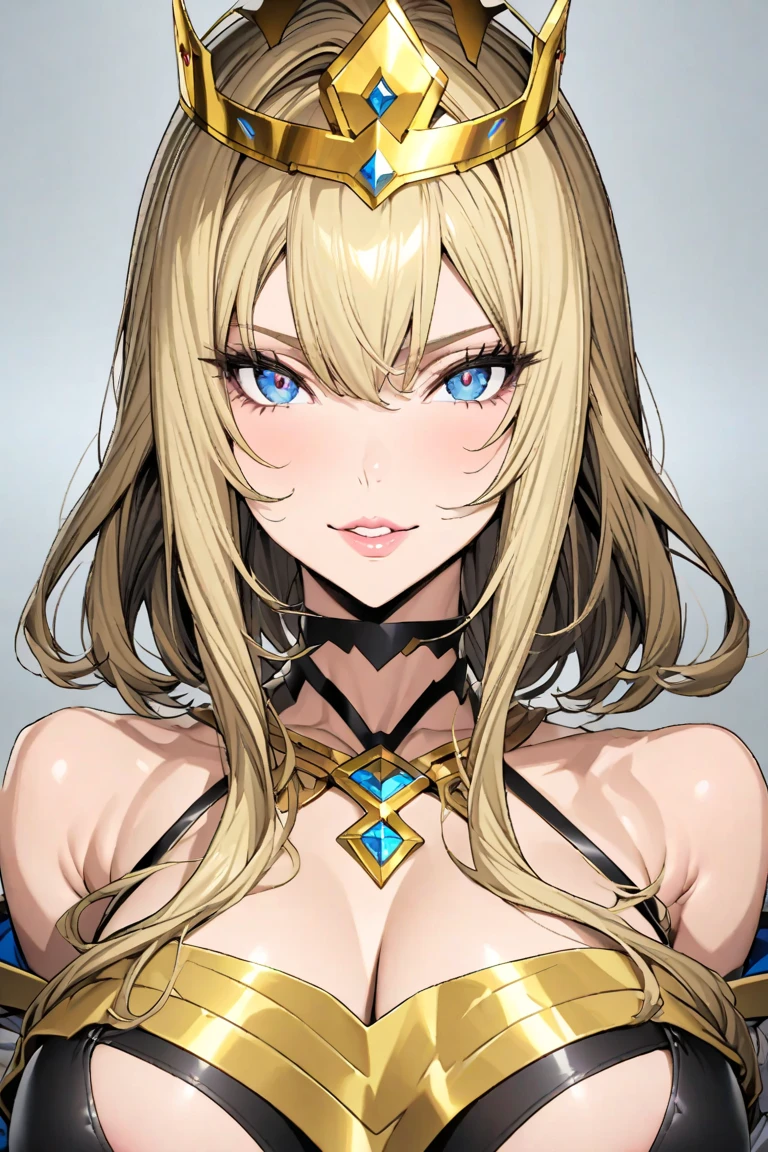 (Artoria Pendragon (Lancete)),  female, elegant, braided bun, blonde, green eyes, (yellow eyelashes), curvaceous, large breasts, bare shoulders, blue leotard, cleavage cutout, elegant face, close-up portrait, high resolution, extremely detail 8k.