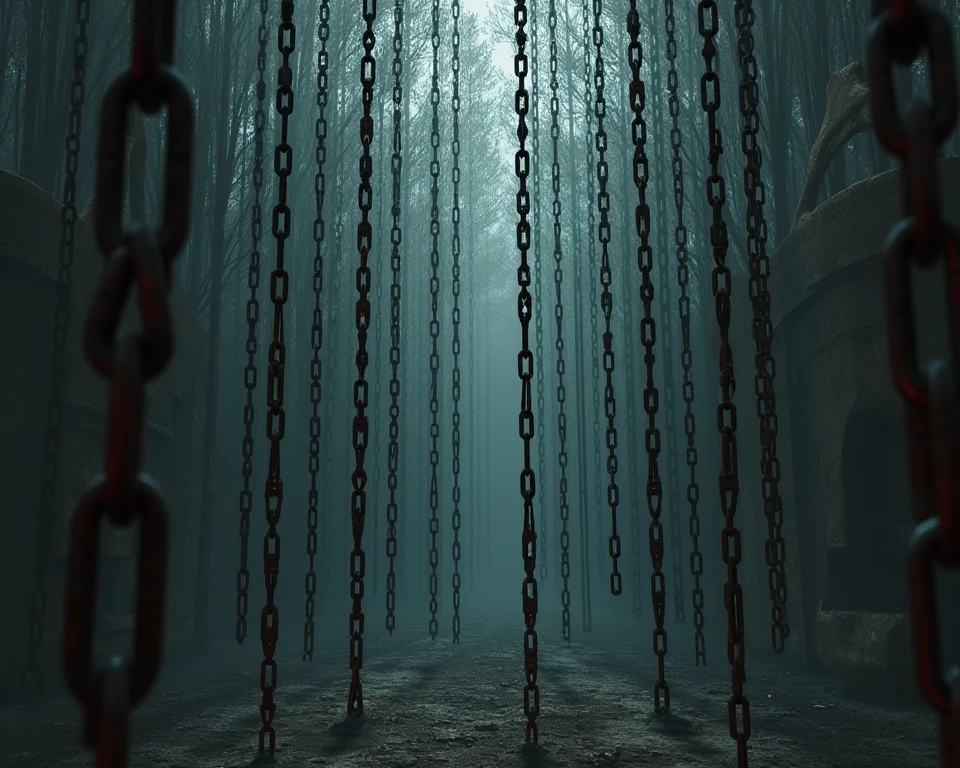 chains, Grimdark painting art style, dark and brooding composition, dramatic lighting, captures the sinister and macabre atmosphere, (best quality, masterpiece, photorealistic), very aesthetic, perfect composition, intricate details, ultra-detailed, vivid colors