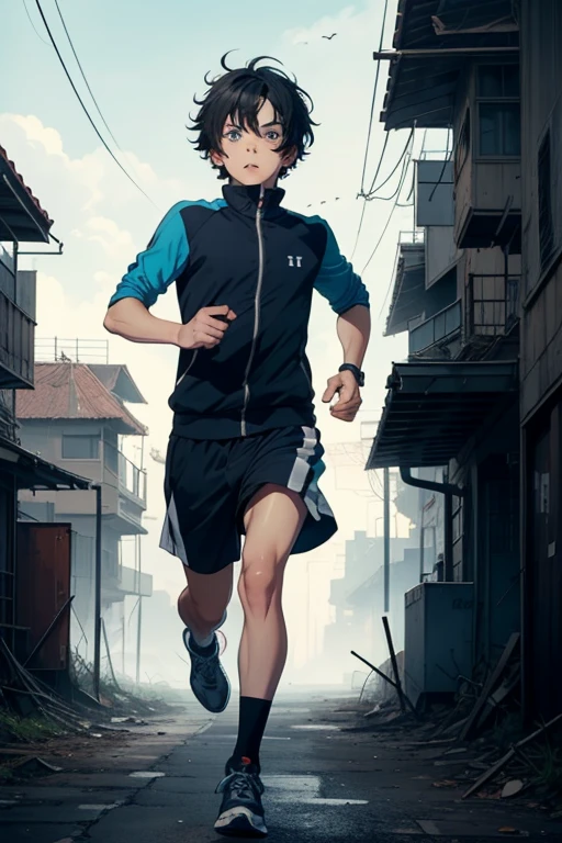 masterpiece, best quality, 1boy, athletic twunk, running on sidewalk, sport shorts, trainers, t-shirt, wet, wet clothes, rain, realistic, dramatic lighting, atmospheric, intricate detail, ((street background)),