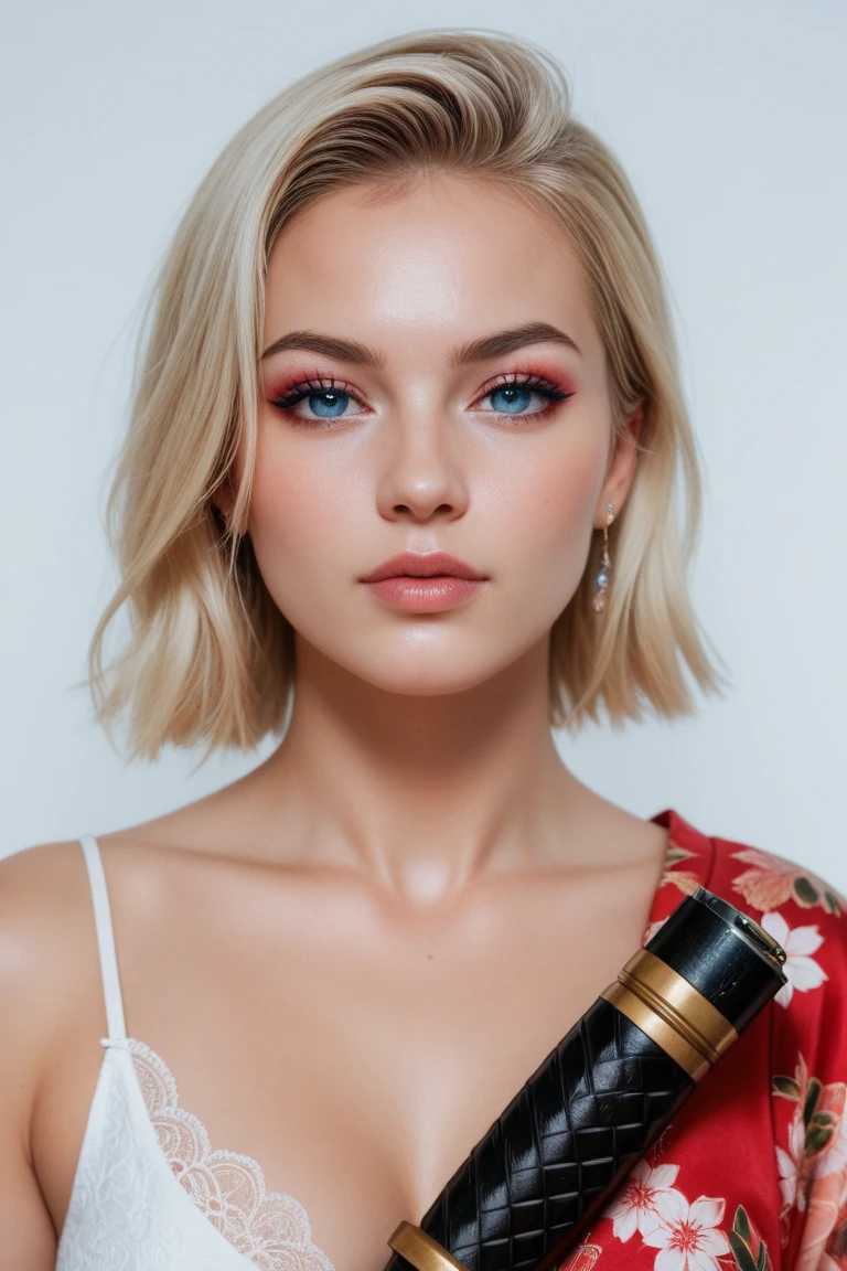  beautifully stylized digital illustration of a woman with intricate floral tattoos covering her body. She has short, light blonde hair adorned with flowers, and her features are delicate and striking, with large blue eyes and soft makeup.

However, there's no visible samurai or gun in the image. She is not holding anything in particular — her hands are not shown prominently. If you were thinking of a different image or want this one edited to include a samurai sword and a gun, I can help with that! Just let me know what you’d like to see added or changed.andsome male,face,beard,white background