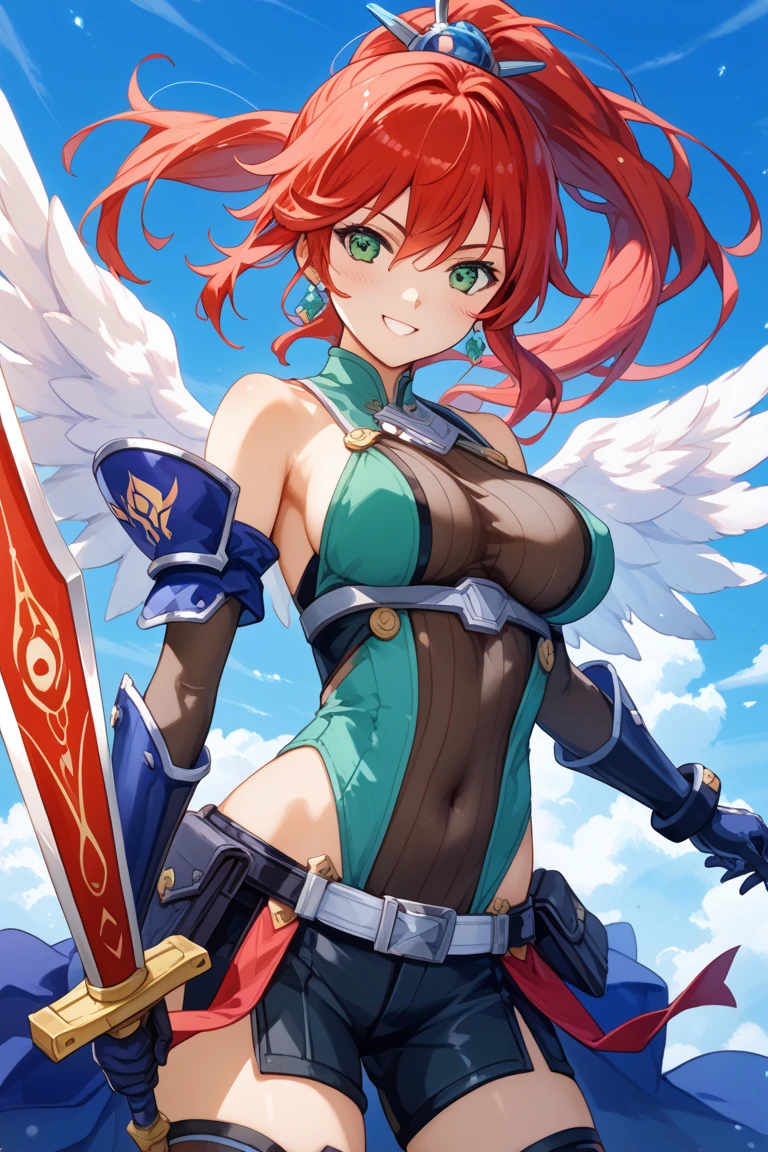 masterpiece, high quality, best quality, beautiful, hd, perfect lighting, detailed face, detailed body, 1 woman, (milf), solo, (red hair), dark blue eyes, ((blue mini bikini)), (wreath on the head), ((angel wings)), (armor on the shoulders), on the background of the royal court,