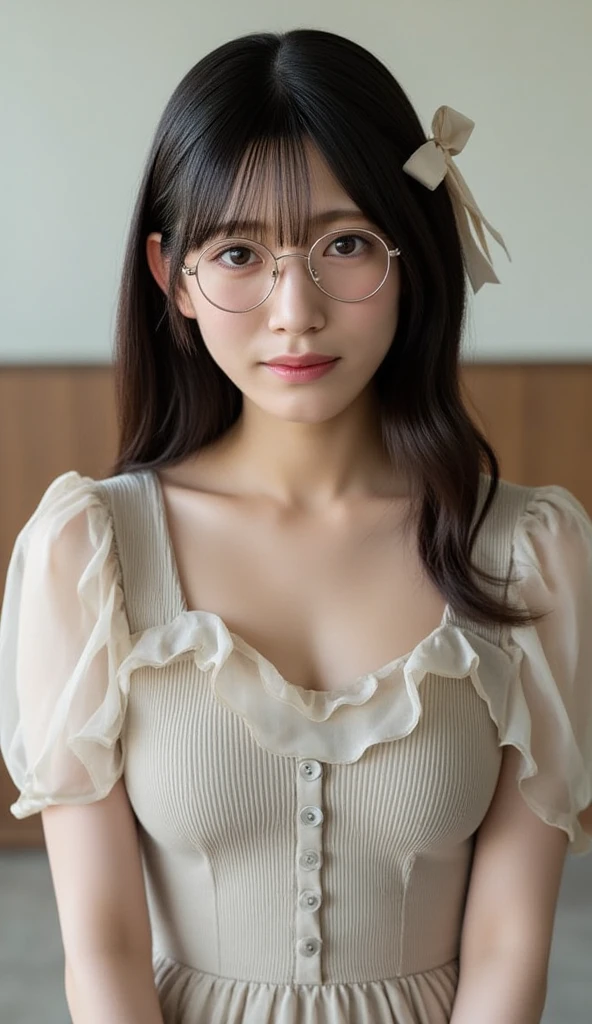 (Highest quality:1.5), (Real:1.4), (Ultra high definition:1.4), (No correction:1.4), (skinny Japanese woman with average size breasts standing front plain background in studio), (A woman wearing black-rimmed glasses), (Very small eyes), (breasts of average size), (Average height), (Cover your forehead with bangs), (Long black hair), (Dark personality expression), (Black maid outfit), (black hair woman is standing with black maid outfit front plain background in studio), (woman viewed from the front), (Plain background), (Cowboy Shot), (Cold expression), (upright), (A woman with long black hair and glasses), (Bangs that cover the forehead), (Sharp and tiny eyes)