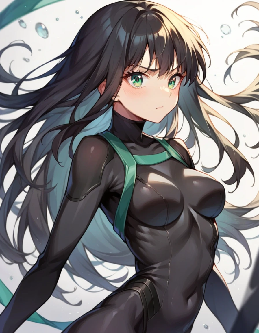Girl, 17 years old, black hair, light brown eyes, black turtleneck clothing, shiny scratch mark on her neck and shiny lines on her arms