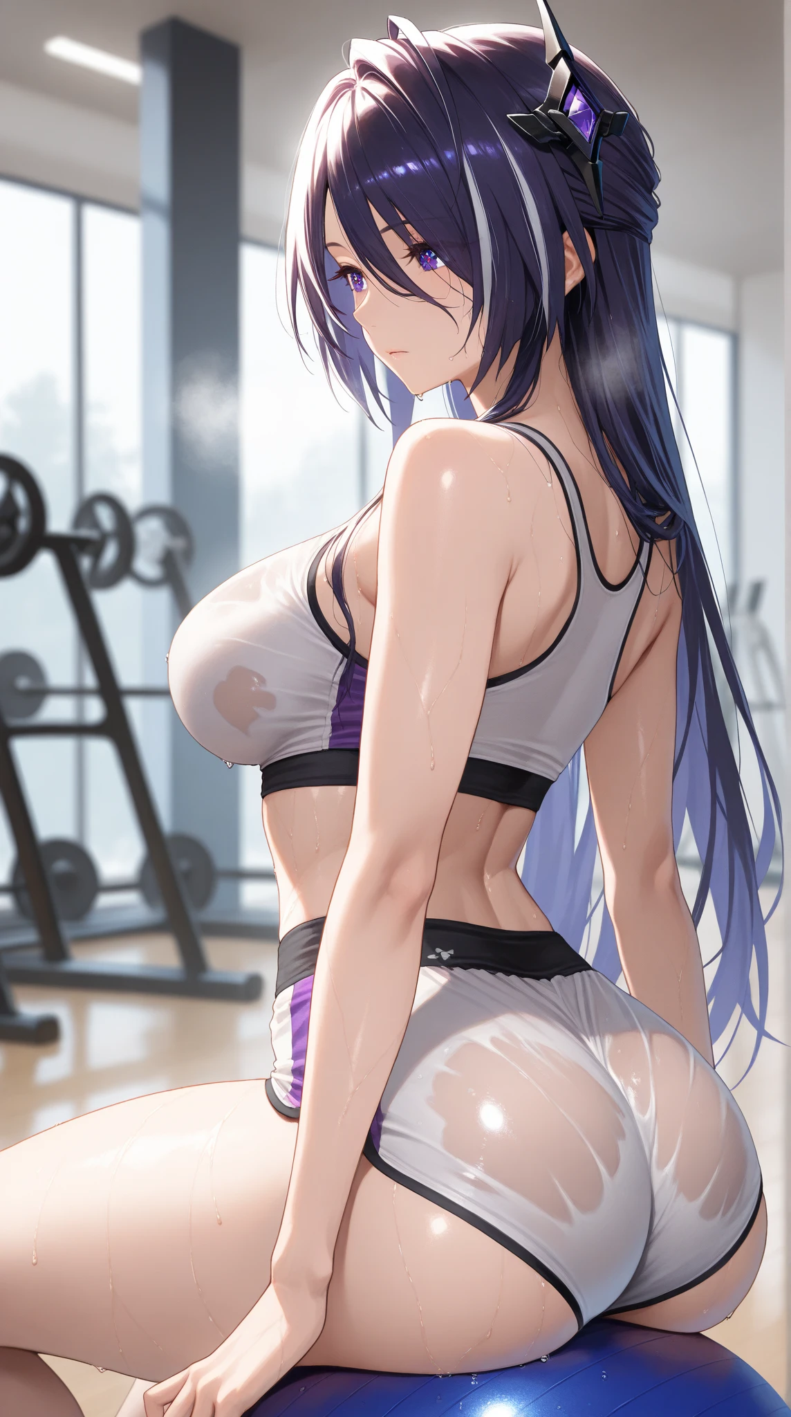 gym, workout, hot, sweating, sweaty, tan, big boobs, tan skin, flustered, blush, purple clothes, see thru, yoga pants, black hair, soaked, wet, naked boobs, cleavage, leaning on wall, leaning against rhe wall, leaning on wall, in pain, painfull, clenched teeth in pain, curvy, purple yogapants, purple pants, ponytail, massive boobs, curvy, sexy, massive boobs, side angle, side view,
