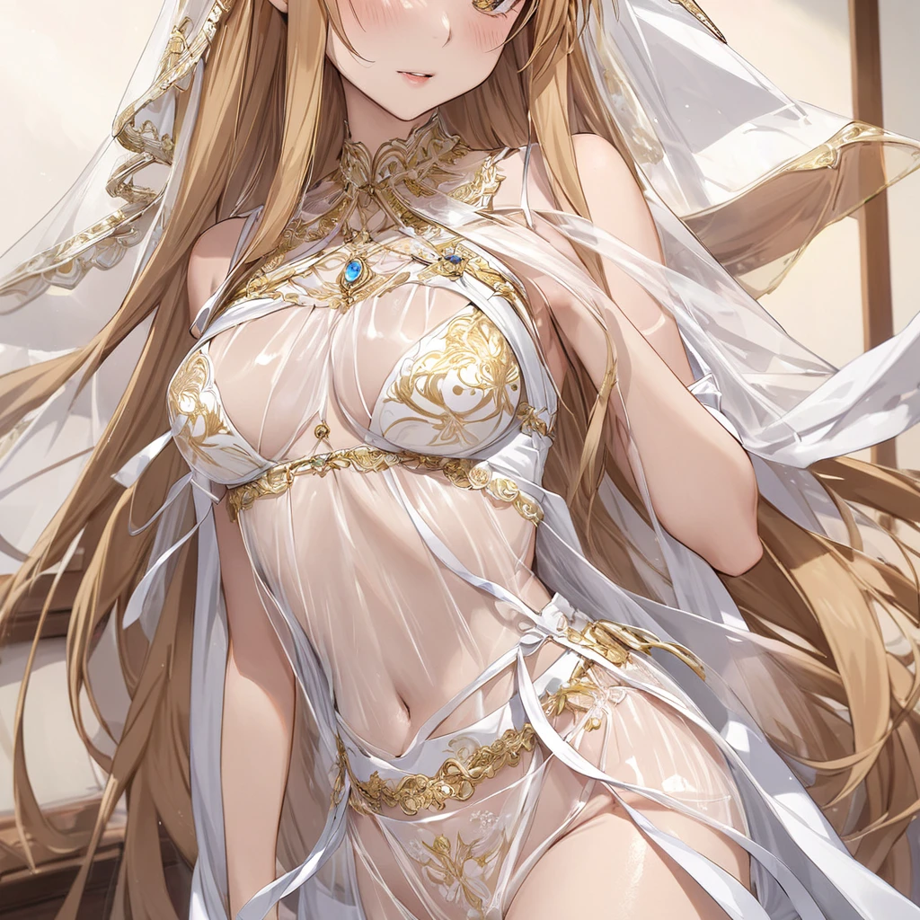 ((Highest quality)), ((masterpiece)), (detailed), (Perfect Face)、The woman is Yuuki Asuna, with light brown, medium-long hair, wearing a completely transparent outfit with gorgeous gold embroidery and trim, a veil, a transparent cape, and gorgeous accessories.、The woman is not wearing a bra、The woman is not wearing underwear