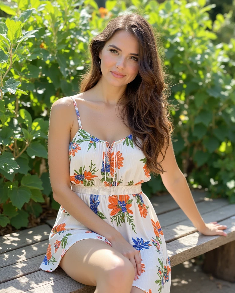 smiling, happy, beautiful brunette, wearing red summer dress with flowers on it, standing outside next to a bench with a summer drink on a table, outside a cafe in London, drinking a cold drink, woman wearing a flower summer flower dress, smiling, very detailed, 40 years, innocent face, long hair, natural wavy, blue eyes, high resolution, masterpiece, best quality, intricate details, highly detailed, sharp focus, detailed skin, realistic skin texture, texture, detailed eyes, professional, 4k, charming smile, shot on Canon, 85mm, shallow depth of field, kodak vision color, perfect fit body, extremely detailed, foto_\(ultra\), photorealistic, realistic, post-processing, maximum detail, roughness, real life, ultra realistic, photorealism, photography, 8k uhd, photography, large breasts