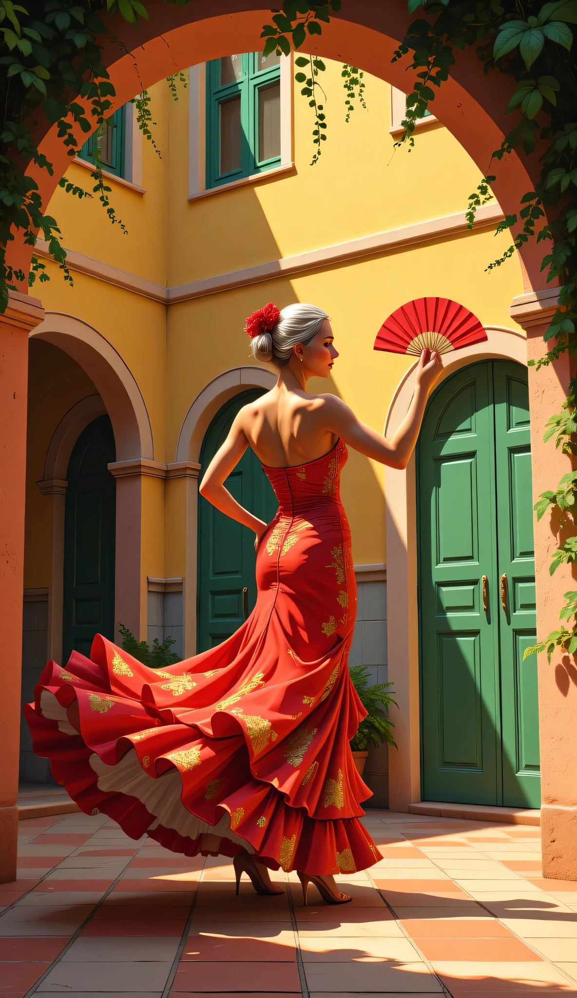 A ghibli style illustration of a beautiful older woman wearing a vibrant bauhaus style flamenco dress with gold floral patterns, dancing gracefully in a sunlit Spanish bauhaus courtyard, holding a red fan, dramatic lighting casting soft shadows, traditional mediterranean architecture with bauhaus colorful tiles and green bauhaus doors in the background, elegant and passionate pose, ruffled hem flowing with movement, high detail, cinematic style
