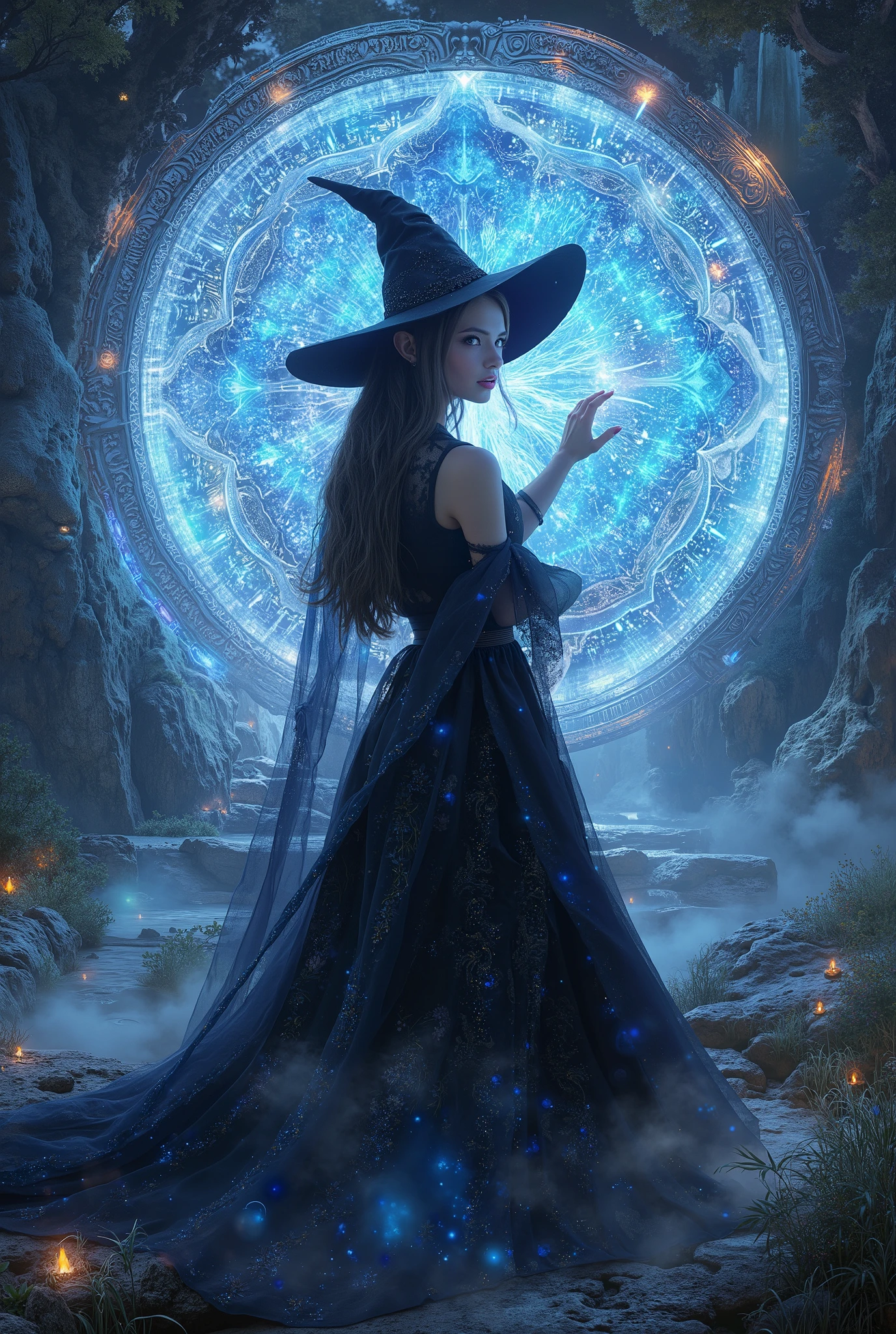 A Beautiful Witch, Fantasy Magical Portal, Magical World , magical atmosphere, photorealistic, advanced details, Best Quality, 4K, 魅力的な女性の肖像, Mysterious Eyes, Elegant Magical Gestures, Wrapped in a Magical Aura, natural look, Delicate skin, Magical World に佇む, detailed background, Beautiful Light Production , Elegant Magical Gestures, Detailed Image Quality, HDR, UHD, studio lighting, Detailed depiction, photorealistic, bright colors, Blur effect, amazing magic effect