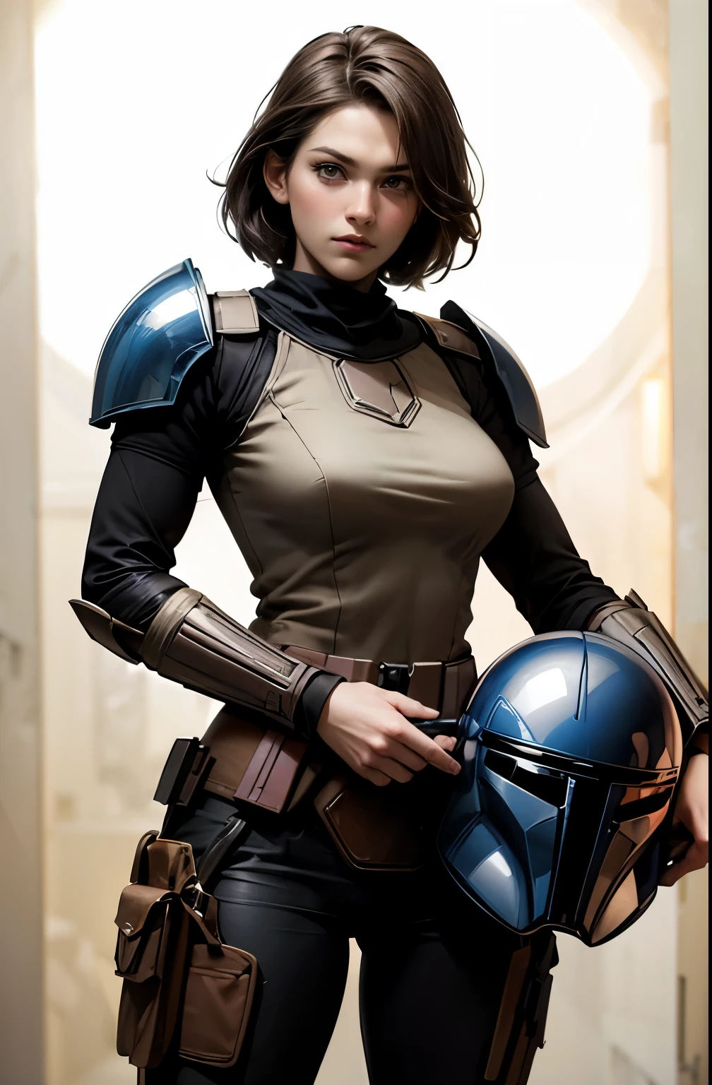 star wars world ,female mandalorian, can see the face, slender beauty ,holding helmet in right hand, ,Mandalorian armor ,Slimming, slender, Gentle Eyes, flows from my crotch