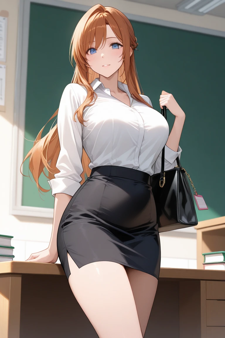 masterpiece, best quality, SimplePositiveXLv2, yuuki asuna, 1girl, solo, long hair, breasts, large breast, curvy, shirt, crop shirt, bra, open button, skirt, pencil skirt, pantyhose, office lady, navel, cleavage