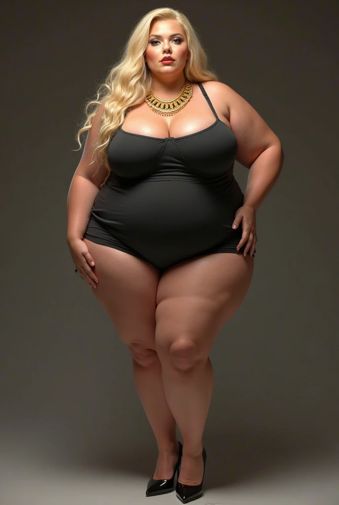 A hot american woman, pretty american woman, long legs, wavy messy blonde hair, (plump body, sagging breasts, braless), ((wearing black slingshot bikini)), white stilettos, pushes chest, seductive look, attractive, full body, front view, at professional photo studio, white backdrop background, dynamic light, dynamic angle, perspective, candid, curvy body, plump body, huge big ass, thick body, curvy body type, voluptuous body type, busty body type, thick body type, big chest, big