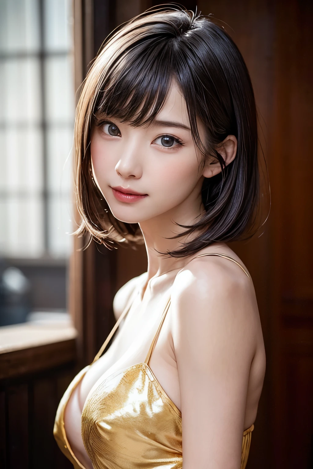masterpiece, best quality, ultra-detailed, intricately detailed hyperdetailed, realistic, sharp features, highly detailed, sharp focus, , (Japanese idol), perfect face, perfect symmetrically perfect eyes, perfect full lips, flexible female form, film light, hyper detailed, hyper realistic, high resolution, vibrant, dynamic studio lighting, short hair, Brown Hair, Shoulder Length Layered, asymmetrical bangs, brown Eyes, (Impish Smile:1.2), cowboy shot,