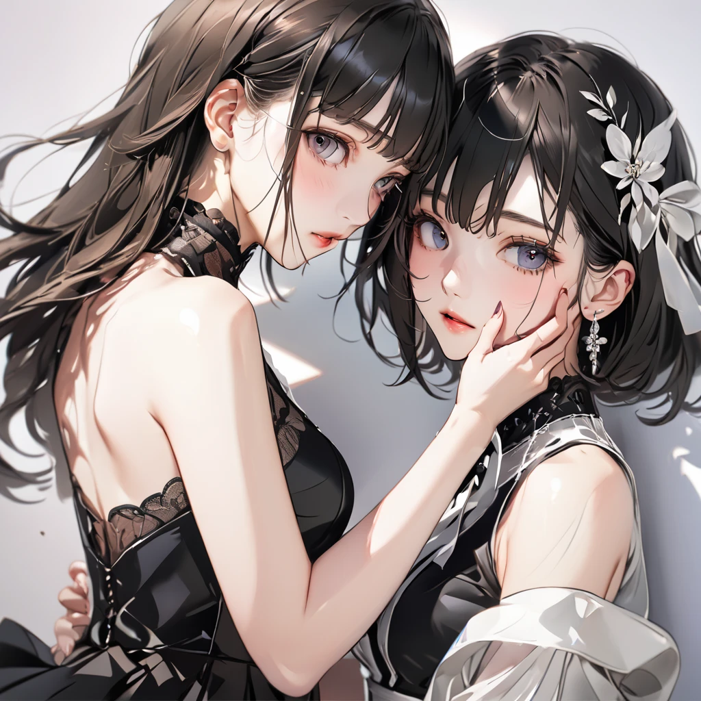 Girl, dreamy eyes, ethereal, elegant, model, calm, attractive, squinted eyes, asian beauty, black eyes, black hair, sleeveless dress, sleepy, half-closed eyes, full lips, lipgloss, no background, light, parted lips, eye contact