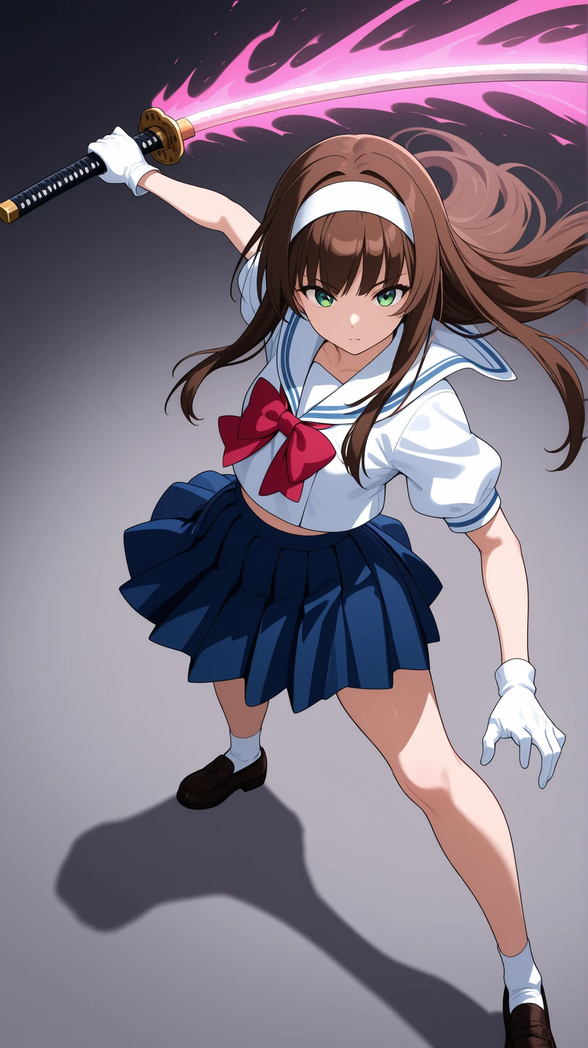 Half-body view of a beautiful woman with long brown hair and full spiky bangs, green eyes, medium chest, wear a white hairband, wear a white sailor school uniform with short-sleeved and red bowties, blue pleated skirt, white gloves, her body gives off a pink energy aura, she holds a katana of light, she slashing with her katana sword, dynamic standing pose, front view