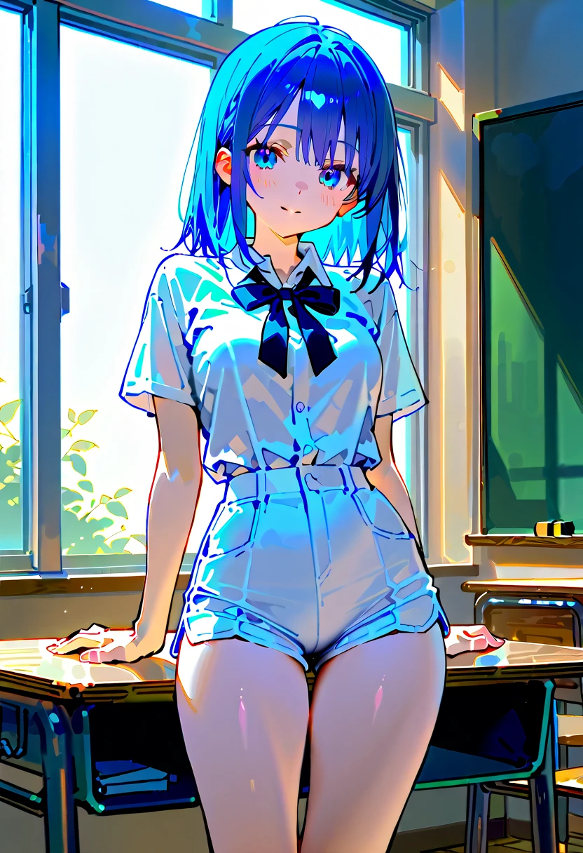 Cornflower art, dreamy, (masterpiece, top quality, perfect anatomy, beautiful face, realistic, super detailed, 1 girl, 18 ears senile, solo, depth of field, canon 24mm lens, f1.4, cute_girl, sailor_ collar, clear facial features, short sleeves, small breasts, slender height, height 150cm, barefoot, double ponytail, bangs, gravure pose, indoor, slouch, Chest gap jungle, blurred background, (Uwabaki: 1.1576)) whole body, clear liquid dripping from the crotch, the front of the shirt is exposed, breasts are visible, transparent bra, light blue striped buns, erotic, , NSFW movie, strange, beautiful pee, holy water, (urine leakage),
