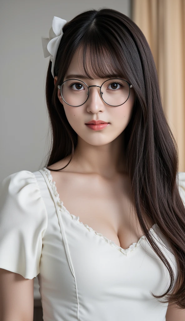 (Highest quality:1.5), (Real:1.4), (Ultra high definition:1.4), (No correction:1.4), (skinny Japanese woman with average size breasts standing front plain background in studio), (A woman wearing black-rimmed glasses), (Very small eyes), (breasts of average size), (Average height), (Cover your forehead with bangs), (Long black hair), (Dark personality expression), (Black mourning clothes), (black hair woman is standing with black mourning clothes front plain background in studio), (woman viewed from the front), (Plain background), (Cowboy Shot), (Cold expression), (upright), (A woman with long black hair and glasses), (Bangs that cover the forehead), (Sharp and tiny eyes)