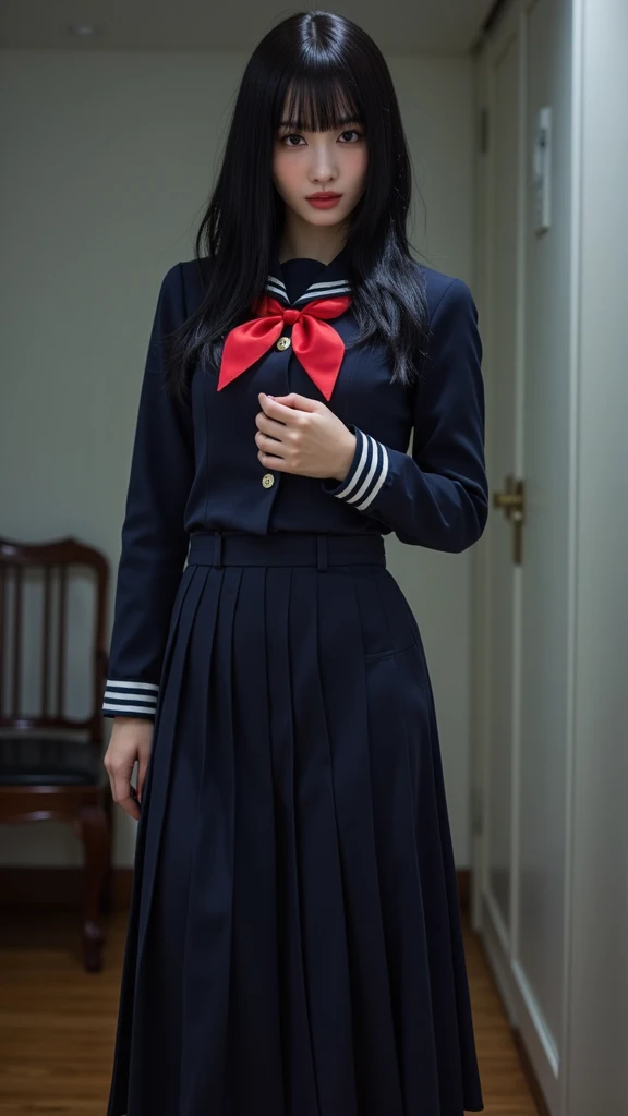 (invisible, no humans:1.5, headless:1.5, handless, legless), grey skirt, long sleeves, neck ribbon, red ribbon, ribbon, sailor collar, navy school uniform, skirt, navy sailor collar, (cute big breast), (from side), black tights, 
(8k, RAW photo, best quality, masterpiece:1.2), (realistic, photo-realistic:1.37),photon mapping, radiosity, ((Hasselblad photography)),physically-based rendering,